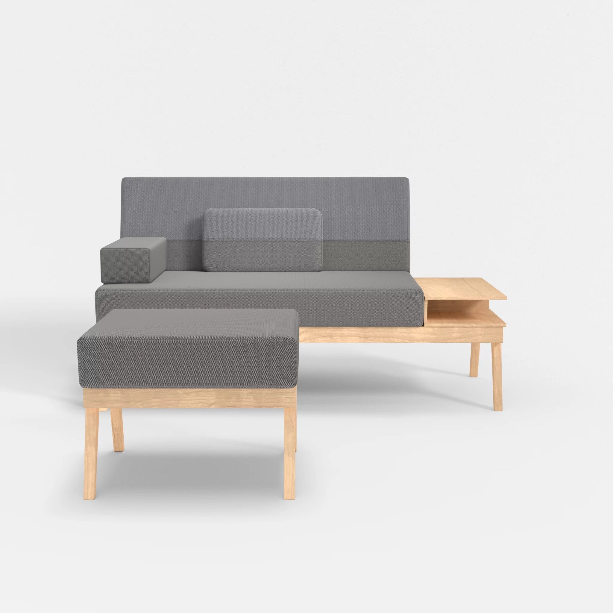 2er Sitzsofa Bauz mit Ablage rechts und Pouf credozinn-credochalk in Mittelgrau und Hellgrau von vorne