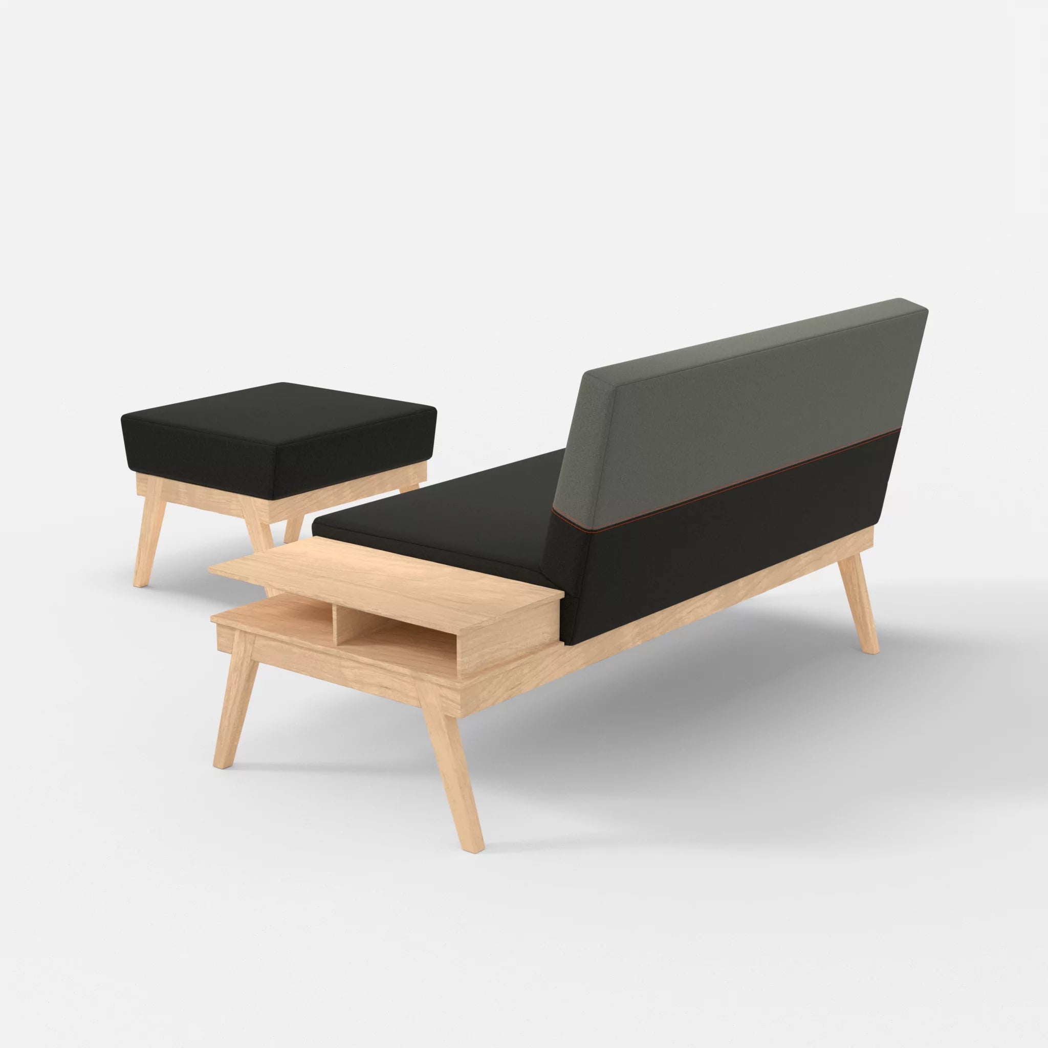 2er Sitzsofa Bauz mit Ablage rechts und Pouf dama0002-dama0003 in Anthrazit und Mittelgrau von hinten
