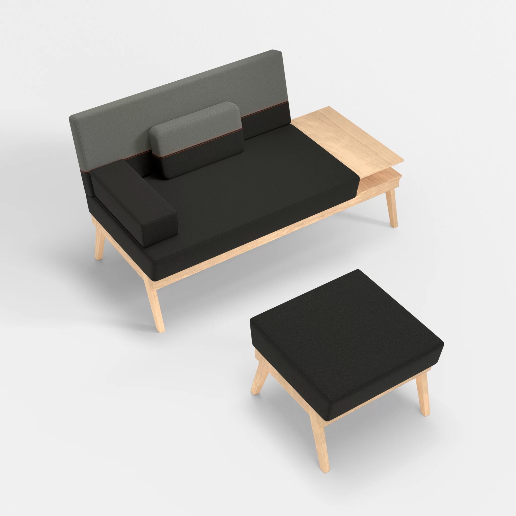 2er Sitzsofa Bauz mit Ablage rechts und Pouf dama0002-dama0003 in Anthrazit und Mittelgrau von oben