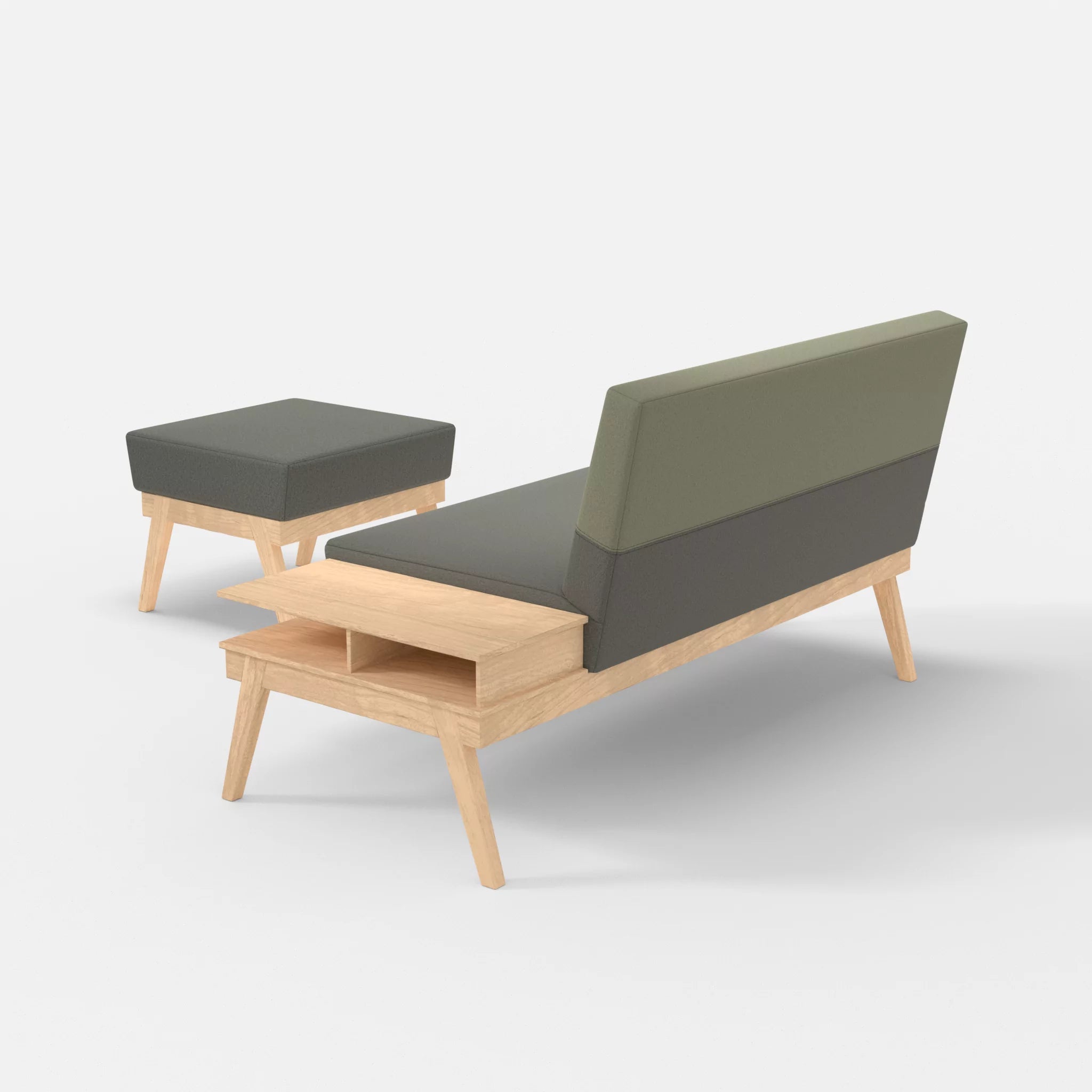 2er Sitzsofa Bauz mit Ablage rechts und Pouf dama0003-dama0057 in Mittelgrau und Hellgrau von hinten
