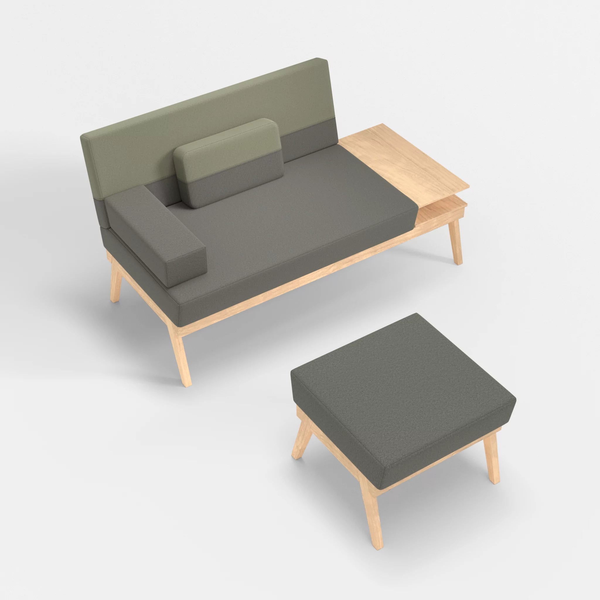 2er Sitzsofa Bauz mit Ablage rechts und Pouf dama0003-dama0057 in Mittelgrau und Hellgrau von oben