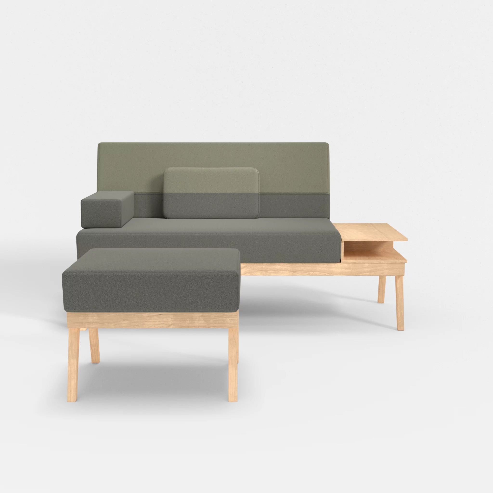 2er Sitzsofa Bauz mit Ablage rechts und Pouf dama0003-dama0057 in Mittelgrau und Hellgrau von vorne