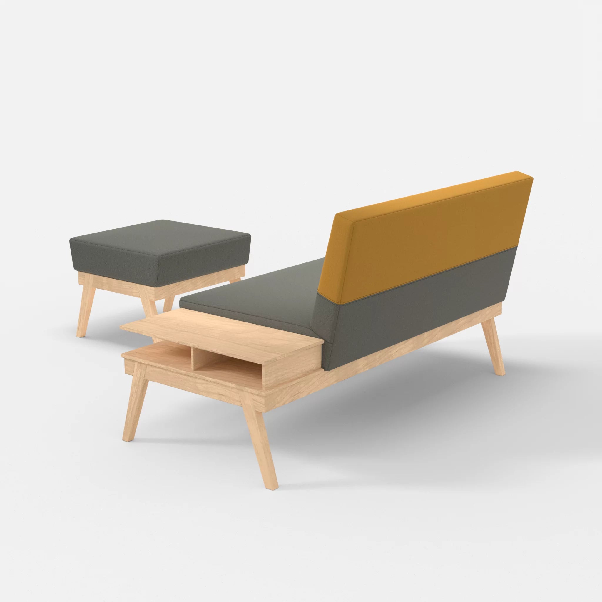 2er Sitzsofa Bauz mit Ablage rechts und Pouf dama0003-dama0081 in Mittelgrau und Curry von hinten