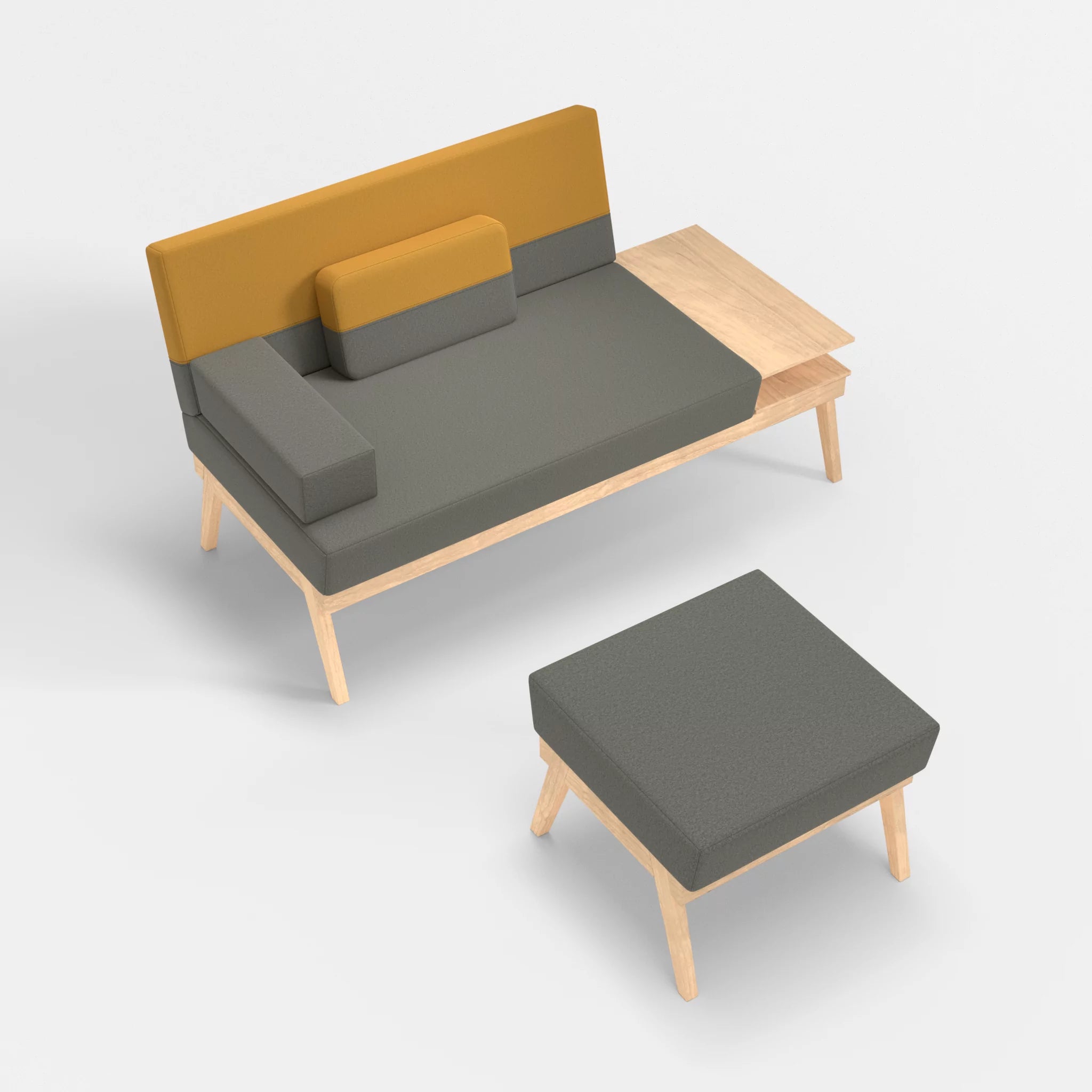 2er Sitzsofa Bauz mit Ablage rechts und Pouf dama0003-dama0081 in Mittelgrau und Curry von oben