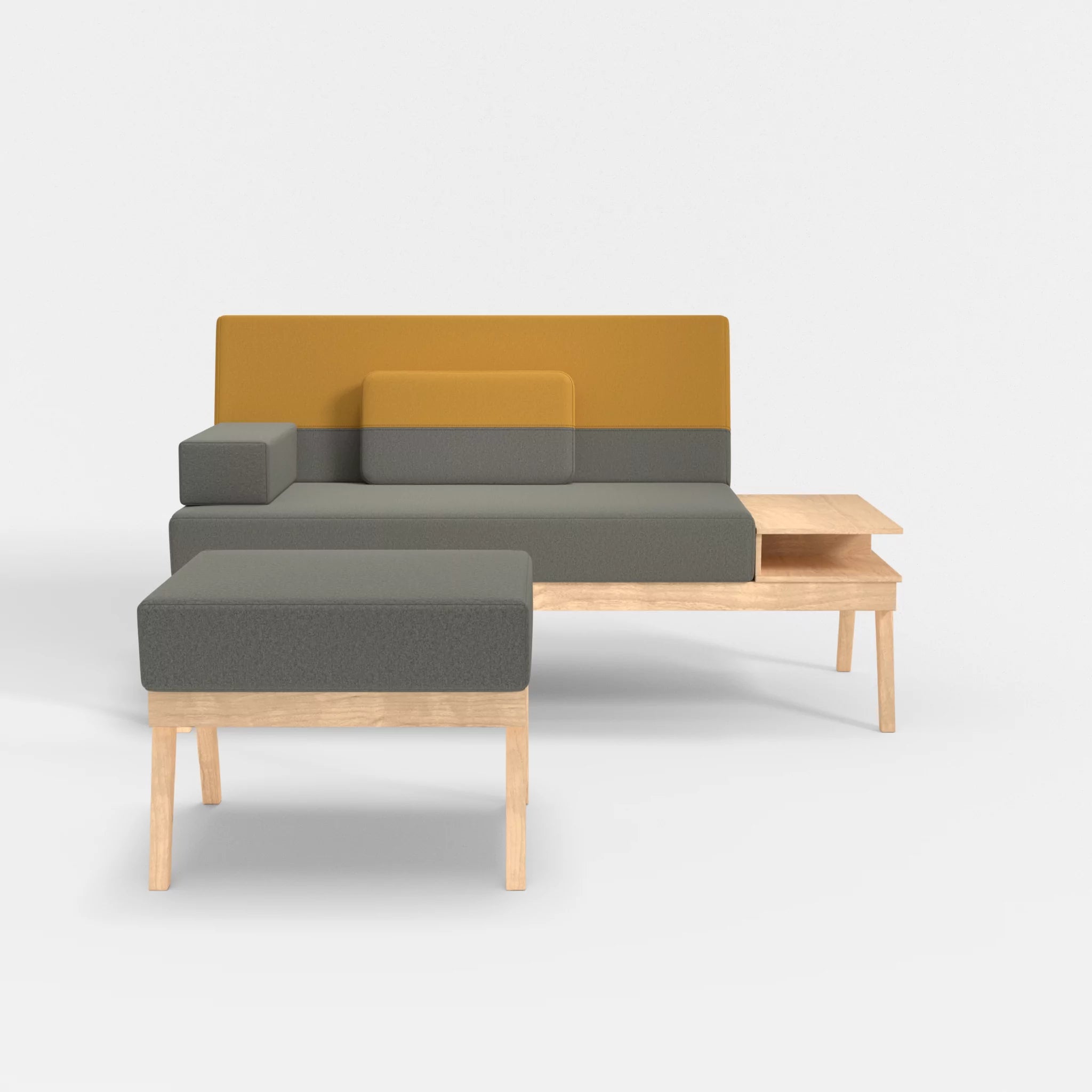 2er Sitzsofa Bauz mit Ablage rechts und Pouf dama0003-dama0081 in Mittelgrau und Curry von vorne