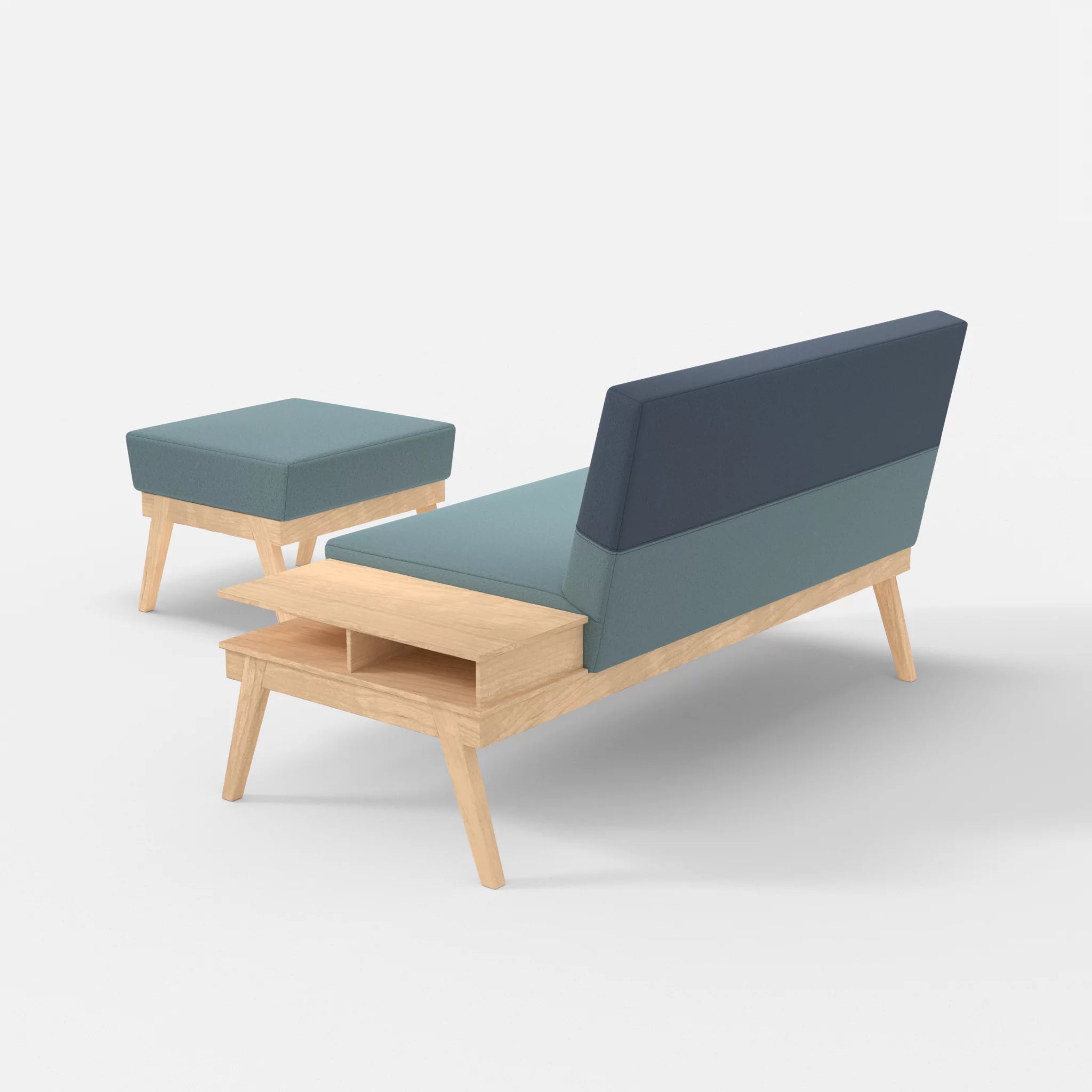 2er Sitzsofa Bauz mit Ablage rechts und Pouf dama0016-dama0075 in Hellblau und Blau von hinten