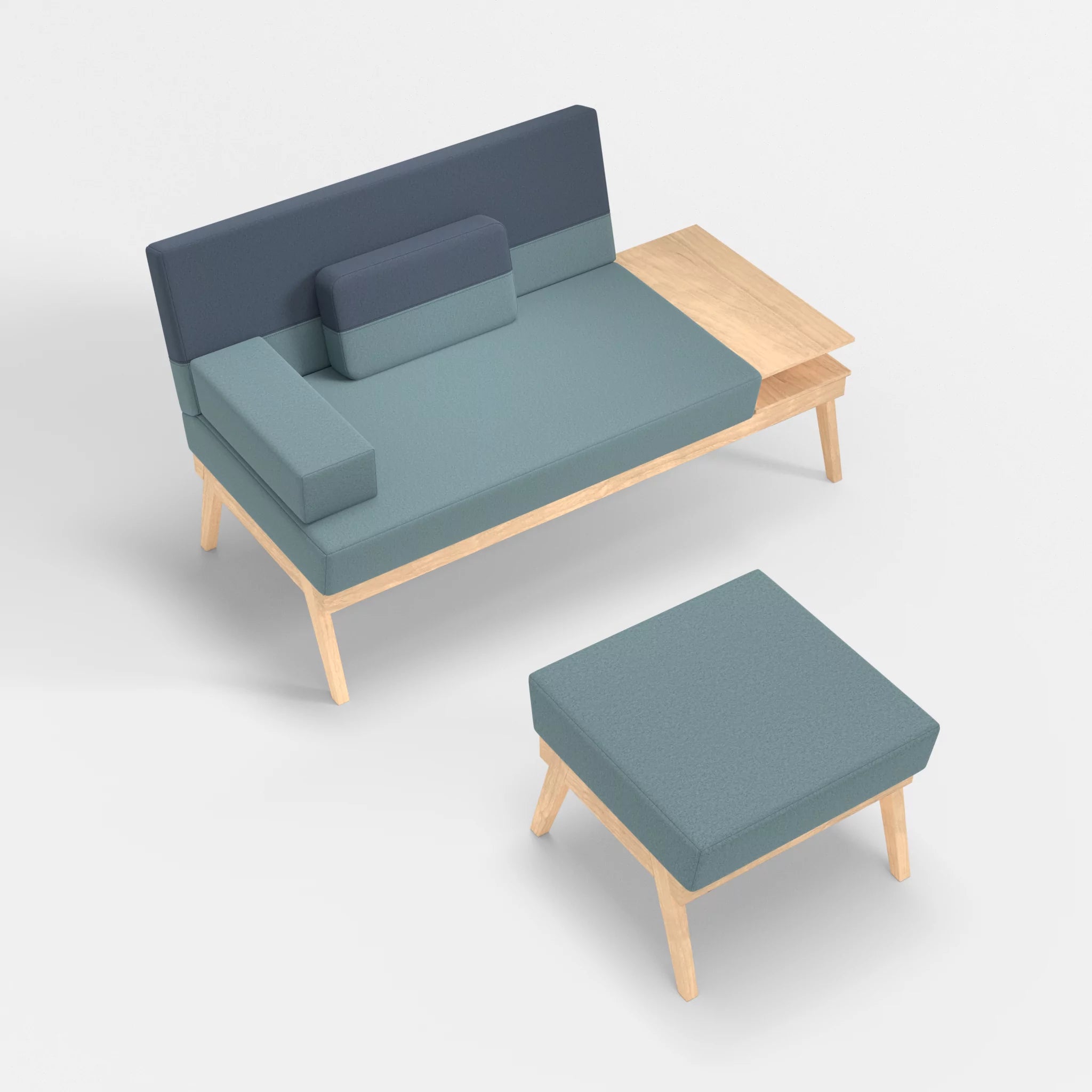2er Sitzsofa Bauz mit Ablage rechts und Pouf dama0016-dama0075 in Hellblau und Blau von oben
