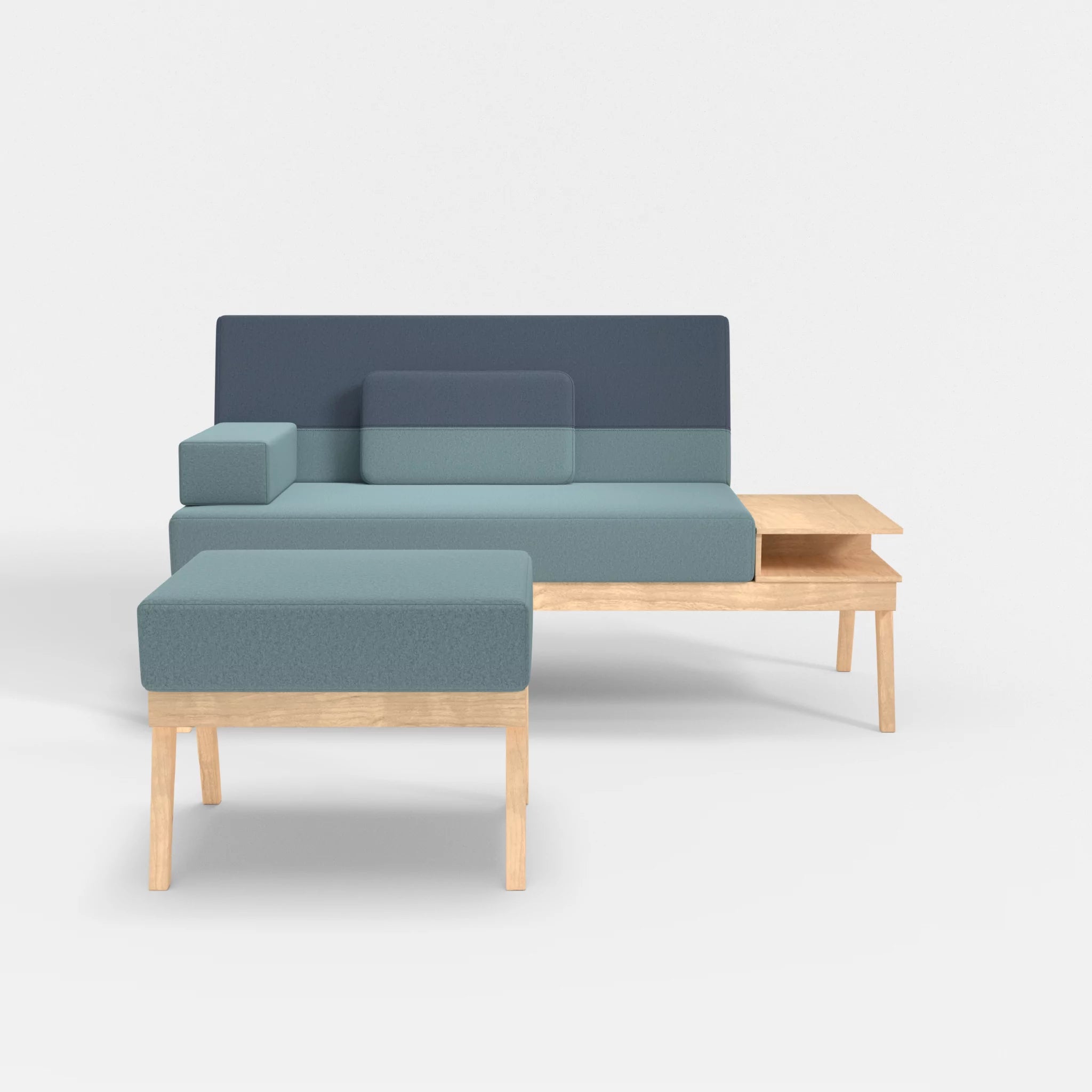 2er Sitzsofa Bauz mit Ablage rechts und Pouf dama0016-dama0075 in Hellblau und Blau von vorne