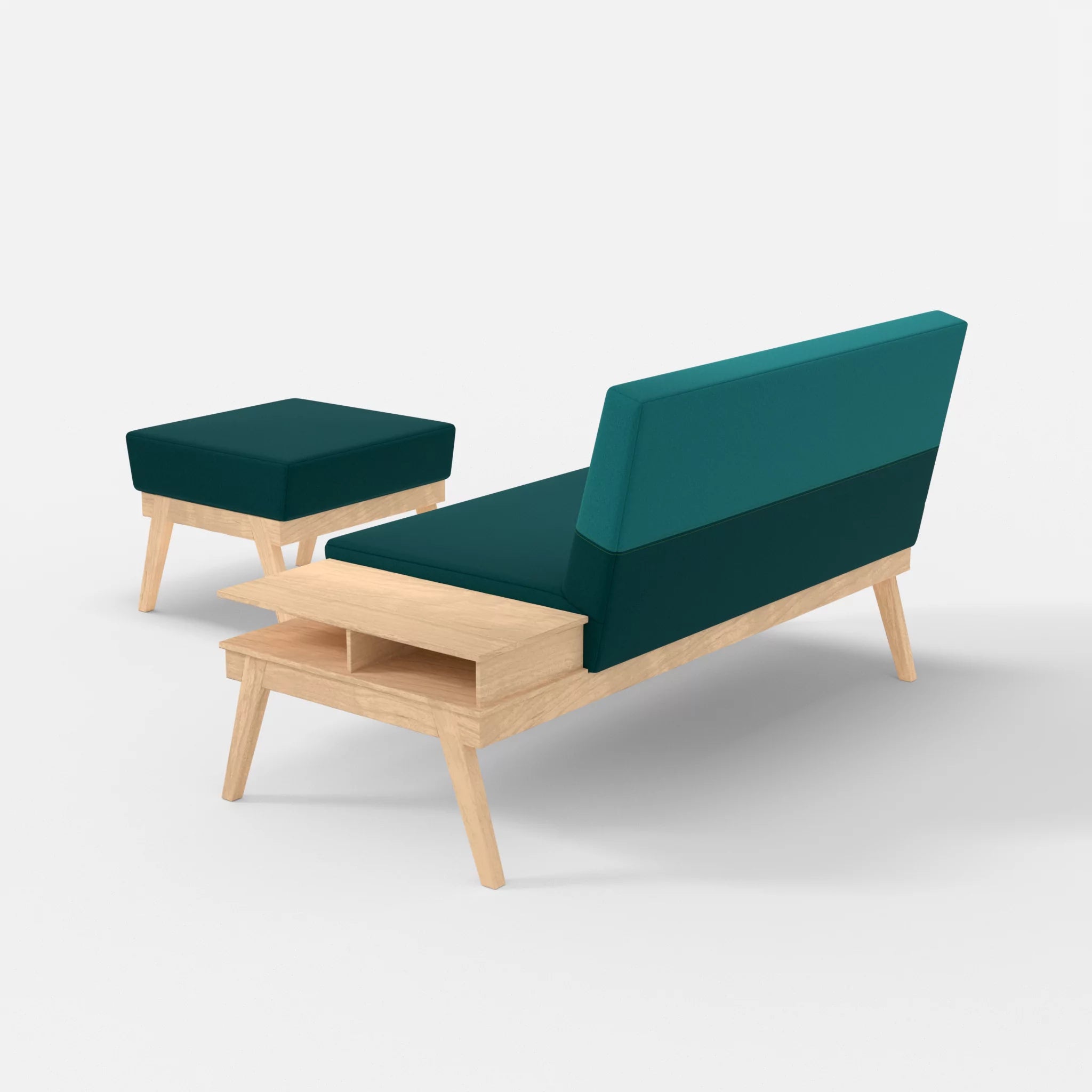 2er Sitzsofa Bauz mit Ablage rechts und Pouf dama0018-dama0076 in Türkis und Türkis von hinten