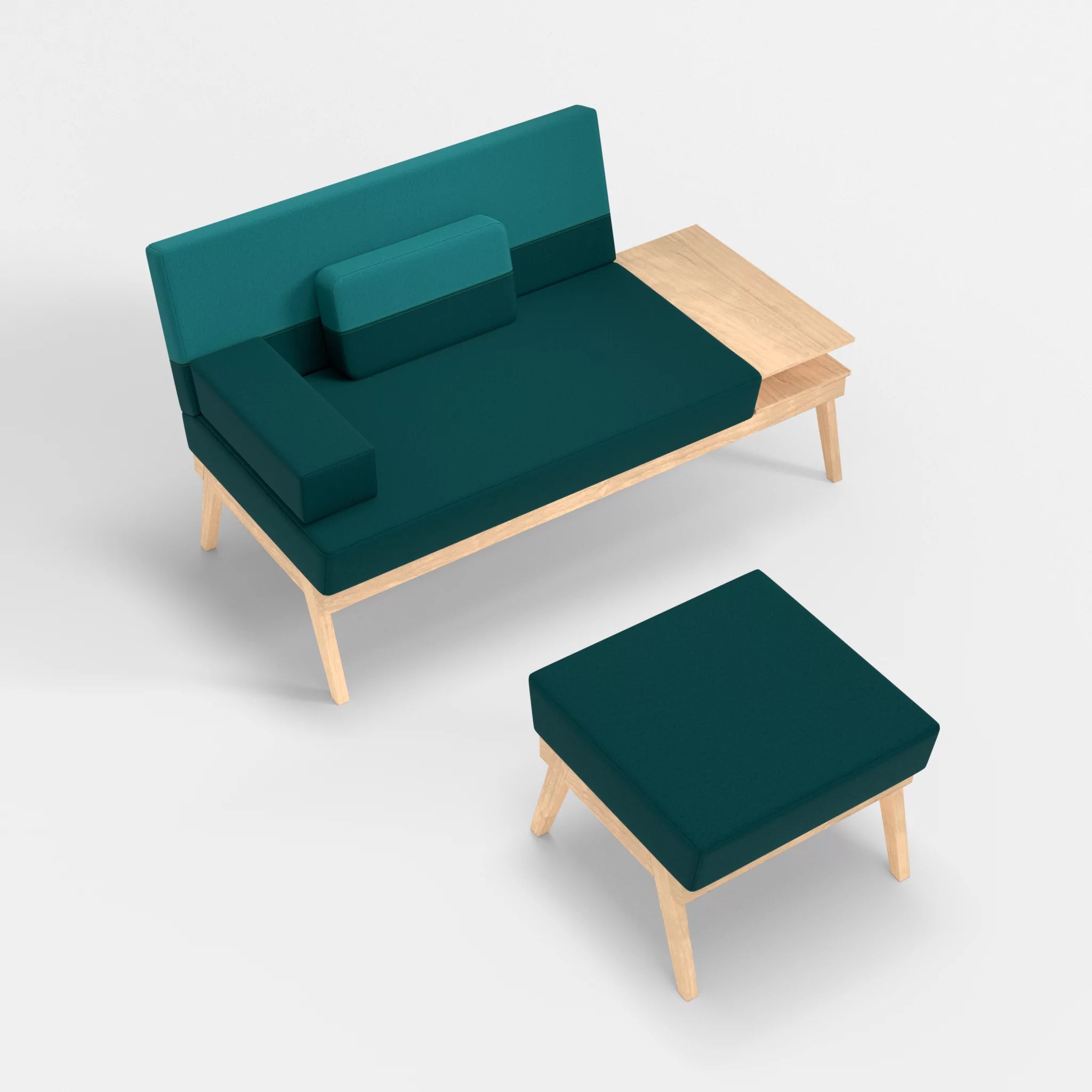 2er Sitzsofa Bauz mit Ablage rechts und Pouf dama0018-dama0076 in Türkis und Türkis von oben