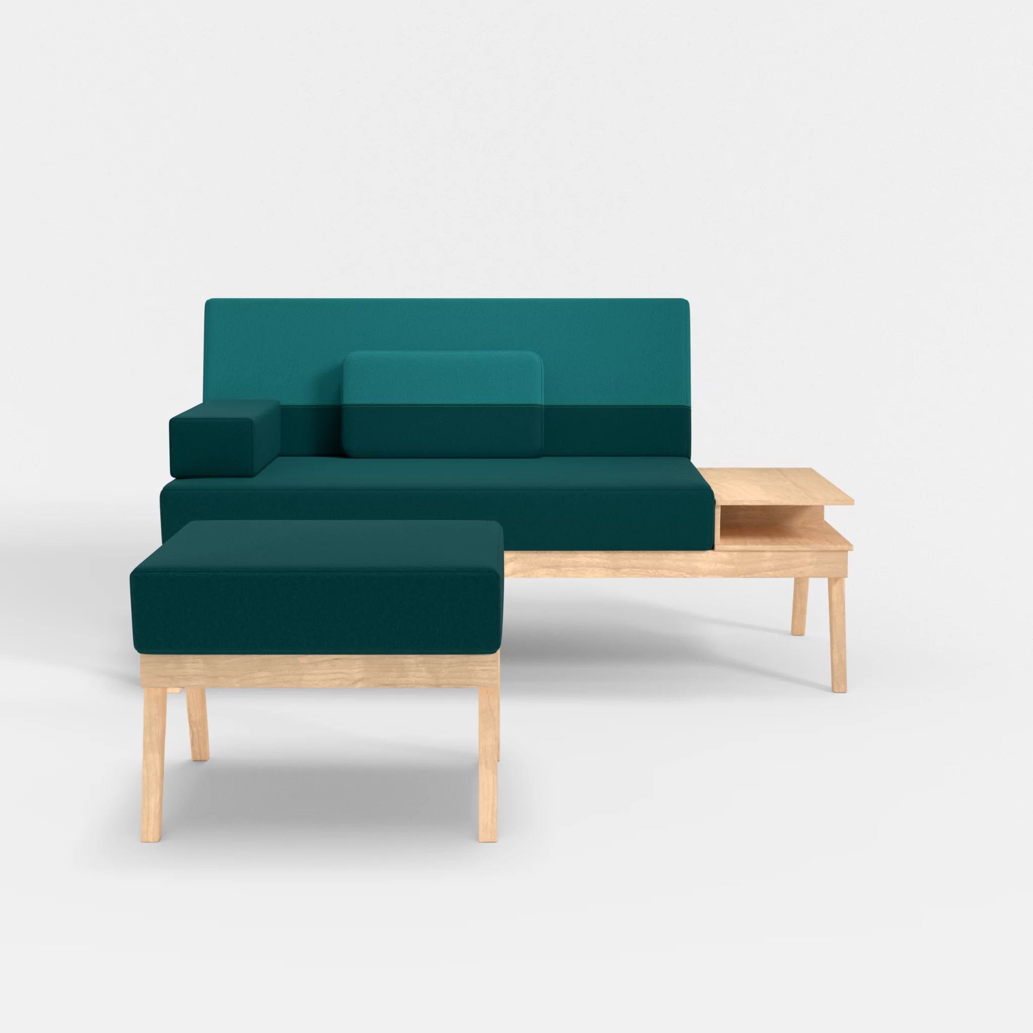 2er Sitzsofa Bauz mit Ablage rechts und Pouf dama0018-dama0076 in Türkis und Türkis von vorne