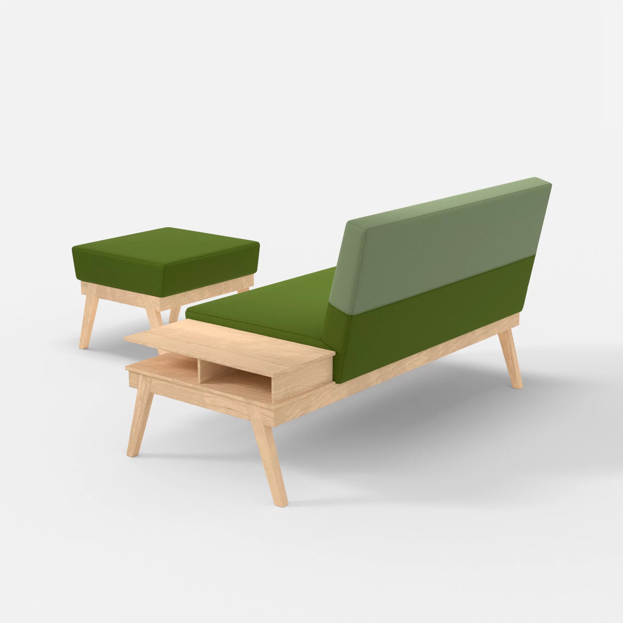 2er Sitzsofa Bauz mit Ablage rechts und Pouf dama0027-dama0042 in Grün und Hellgrün von hinten