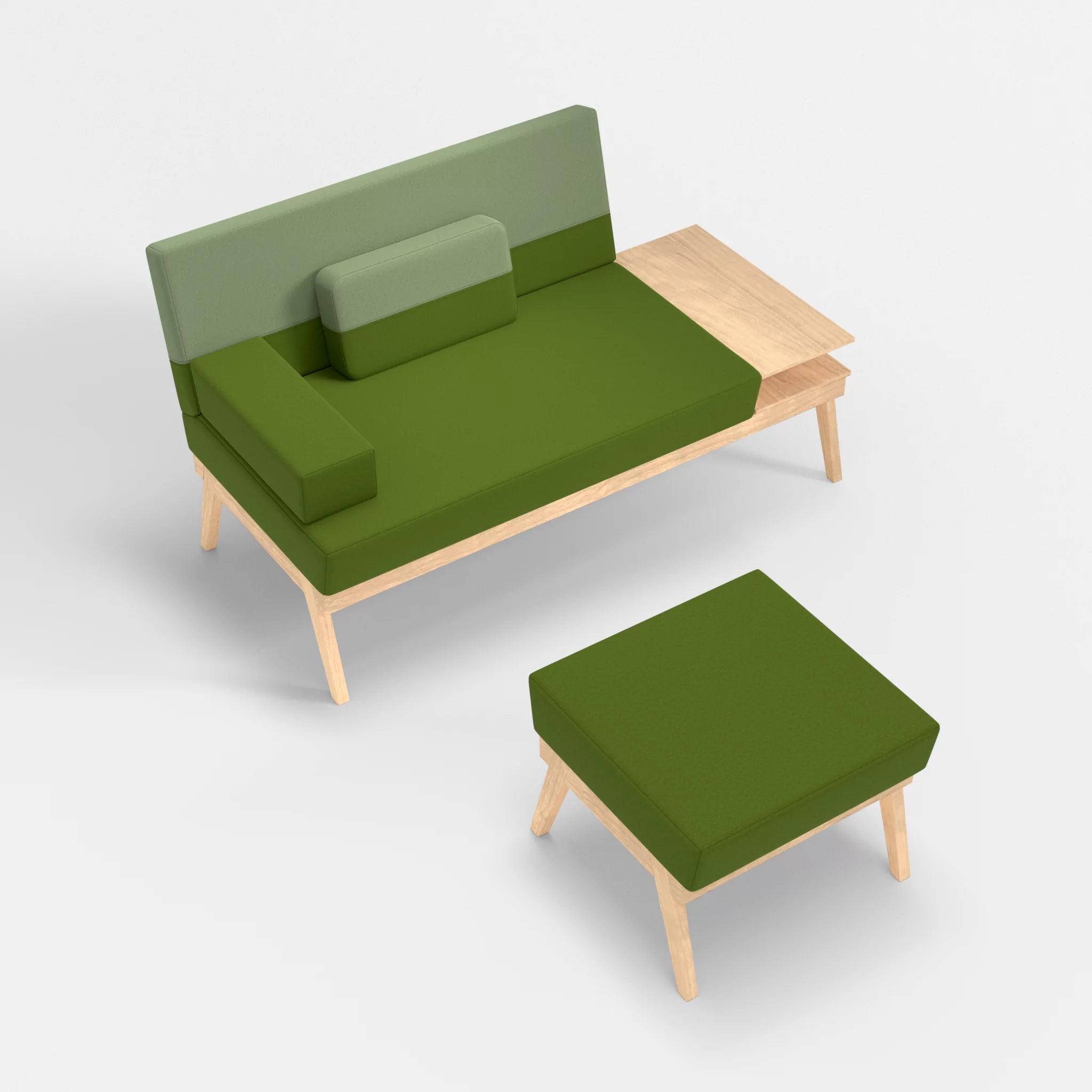 2er Sitzsofa Bauz mit Ablage rechts und Pouf dama0027-dama0042 in Grün und Hellgrün von oben