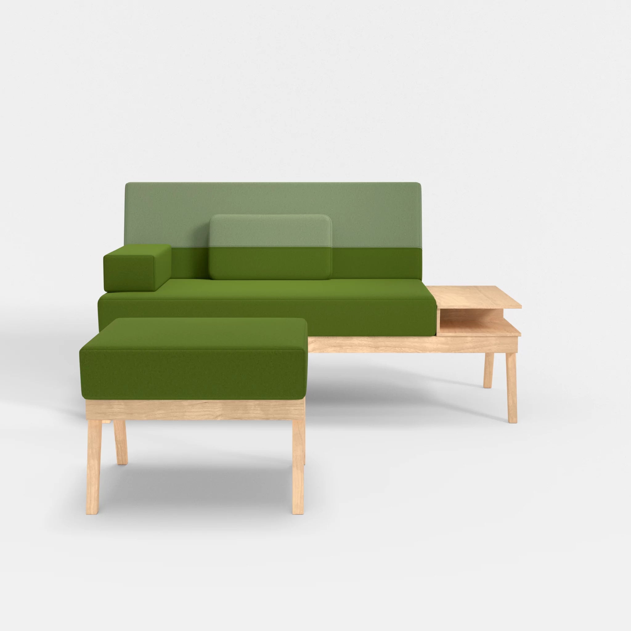 2er Sitzsofa Bauz mit Ablage rechts und Pouf dama0027-dama0042 in Grün und Hellgrün von vorne