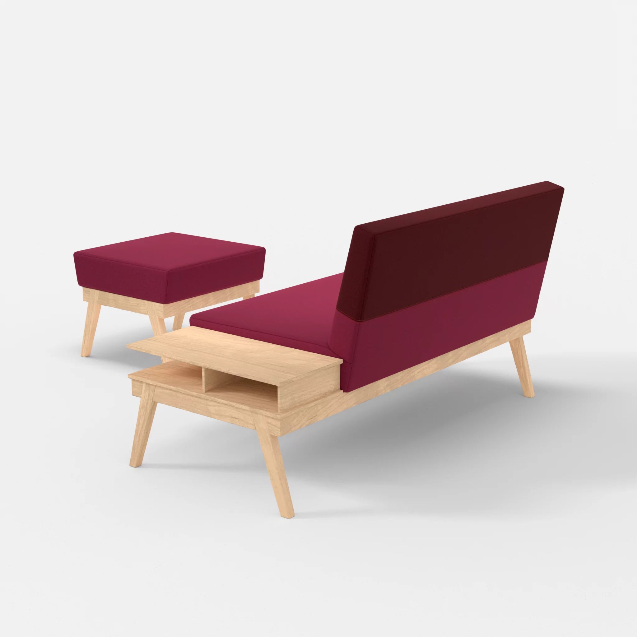 2er Sitzsofa Bauz mit Ablage rechts und Pouf dama0034-dama0050 in Bordeaux und Fuchsia von hinten