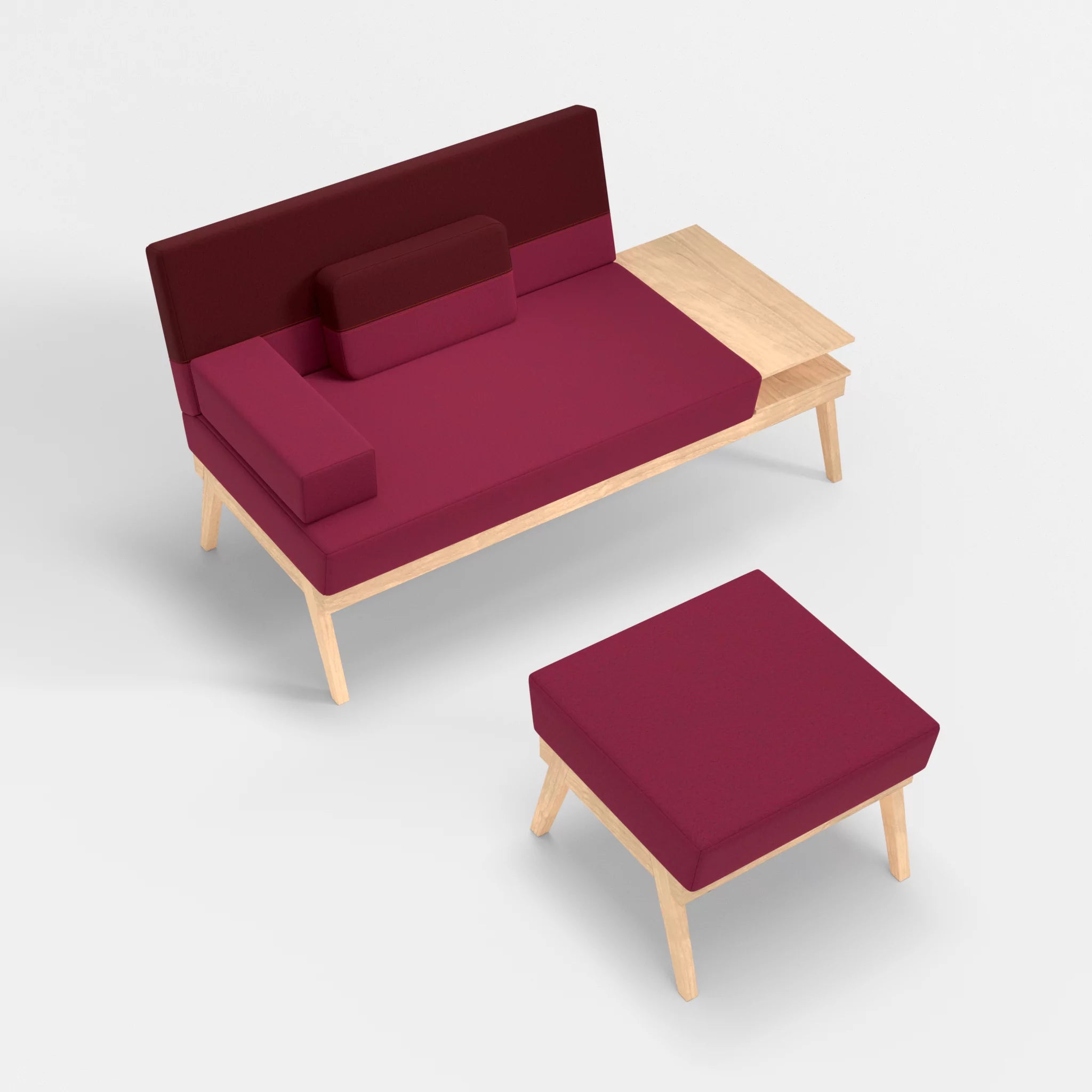 2er Sitzsofa Bauz mit Ablage rechts und Pouf dama0034-dama0050 in Bordeaux und Fuchsia von oben