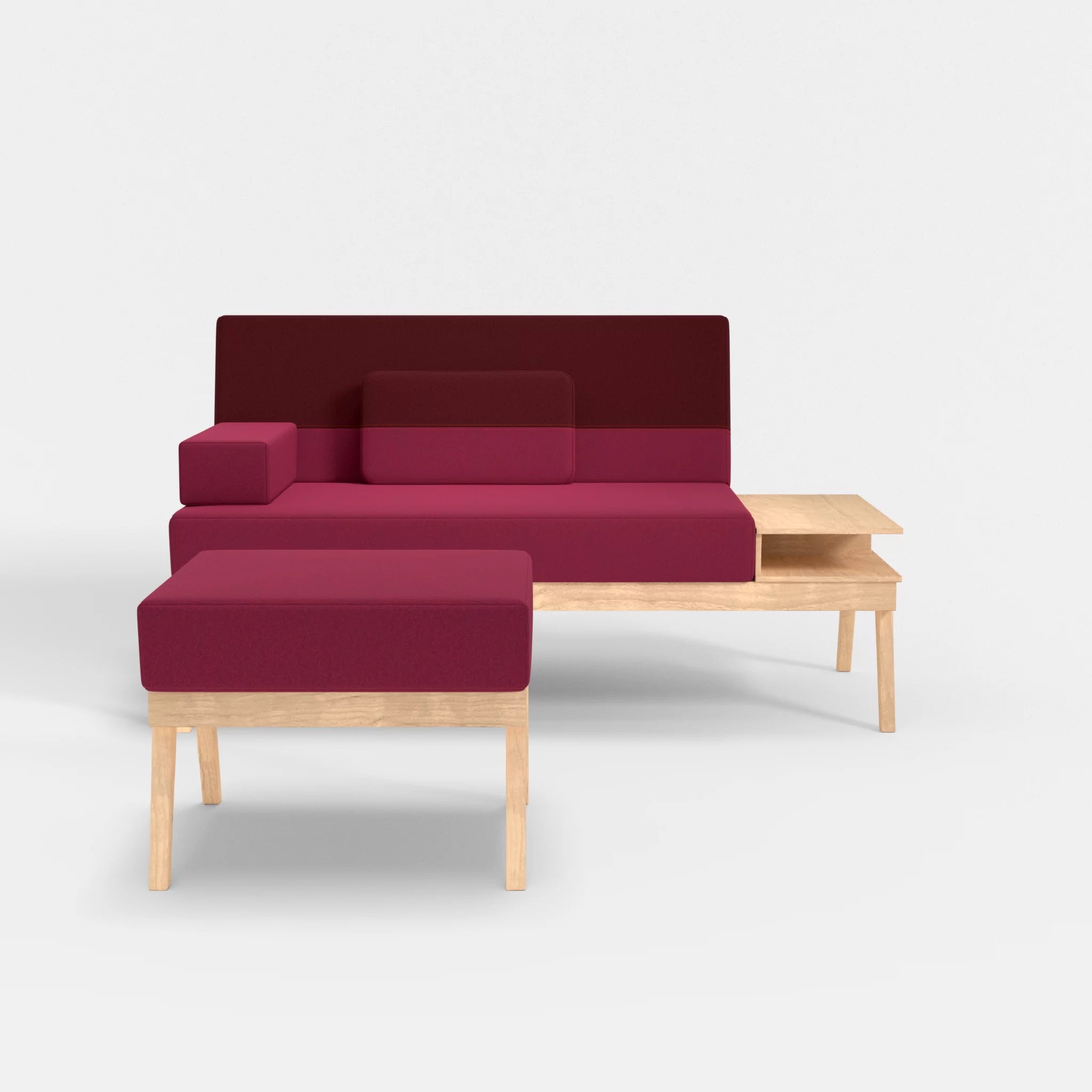 2er Sitzsofa Bauz mit Ablage rechts und Pouf dama0034-dama0050 in Bordeaux und Fuchsia von vorne