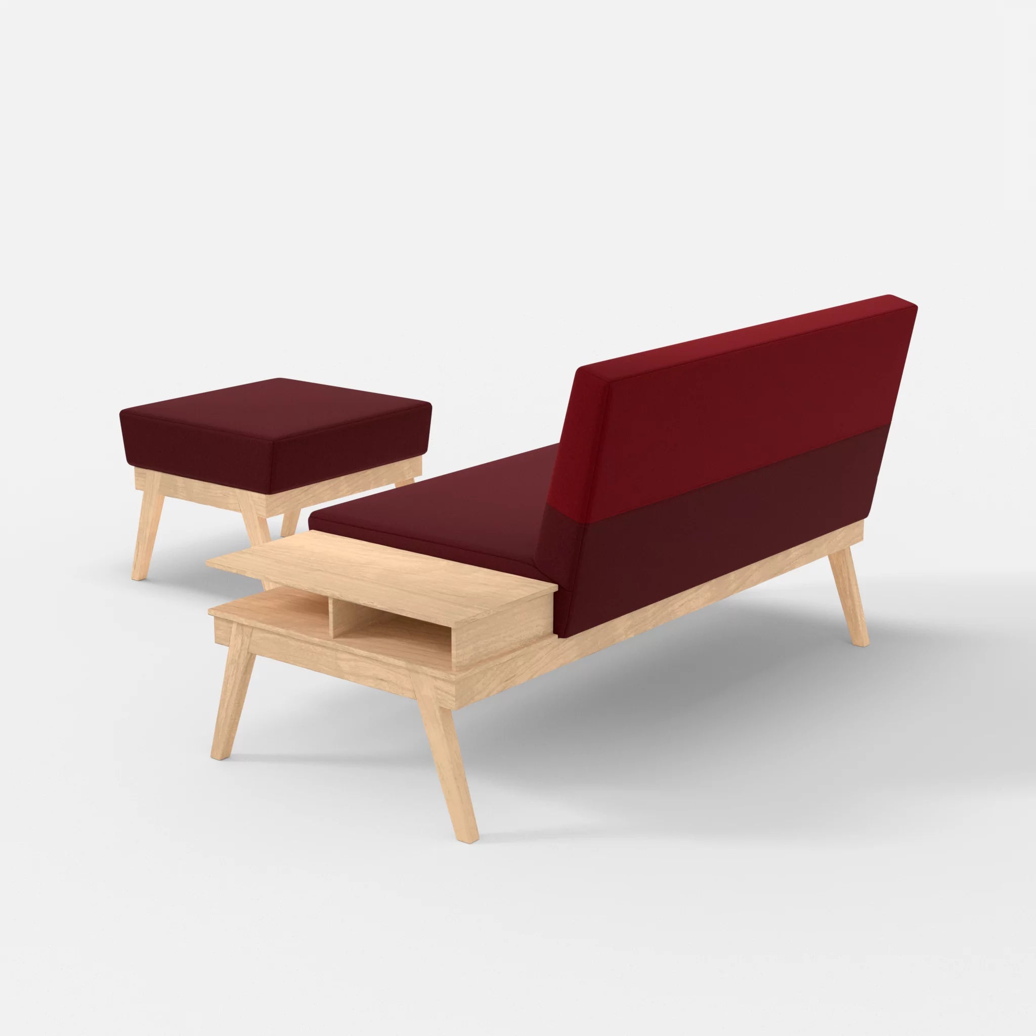 2er Sitzsofa Bauz mit Ablage rechts und Pouf dama0034-dama0053 in Bordeaux und Rot von hinten