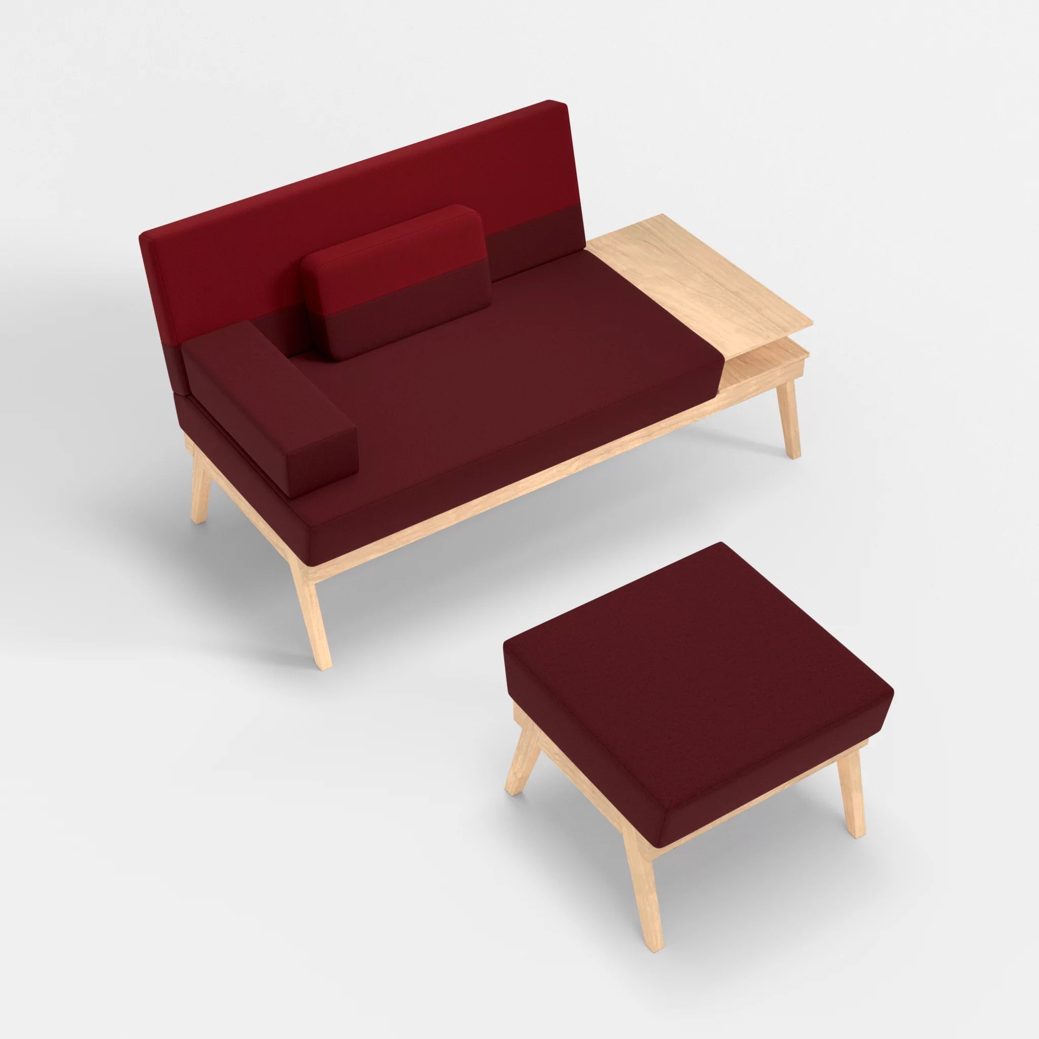 2er Sitzsofa Bauz mit Ablage rechts und Pouf dama0034-dama0053 in Bordeaux und Rot von oben