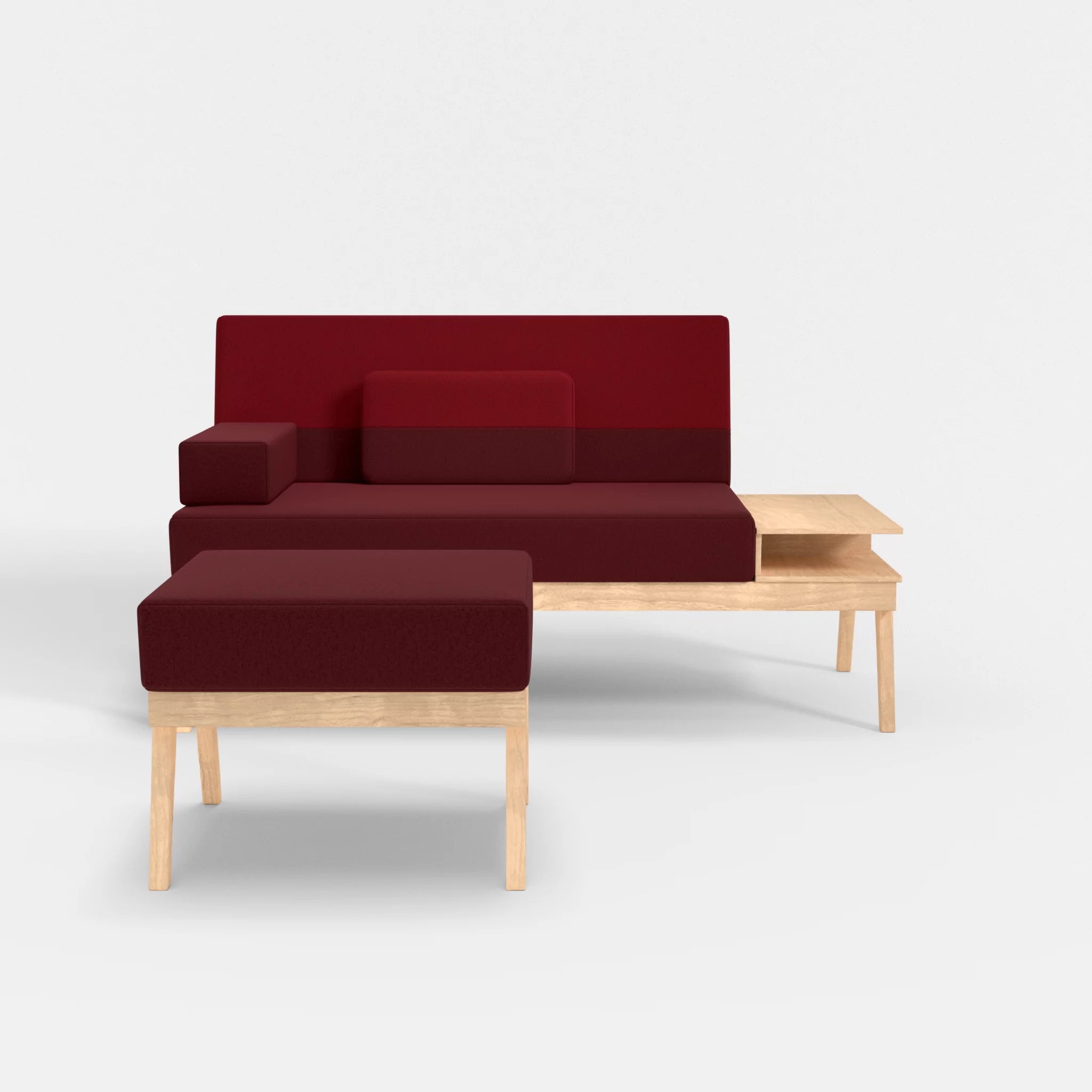 2er Sitzsofa Bauz mit Ablage rechts und Pouf dama0034-dama0053 in Bordeaux und Rot von vorne