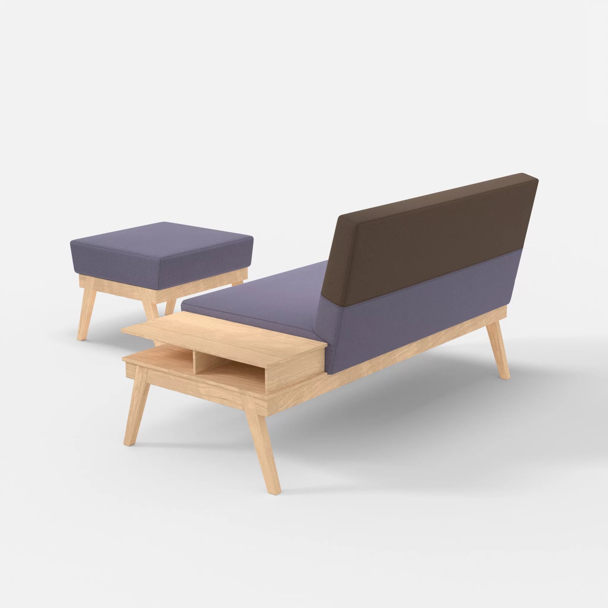2er Sitzsofa Bauz mit Ablage rechts und Pouf dama0039-dama0051 in Flieder und Braun von hinten