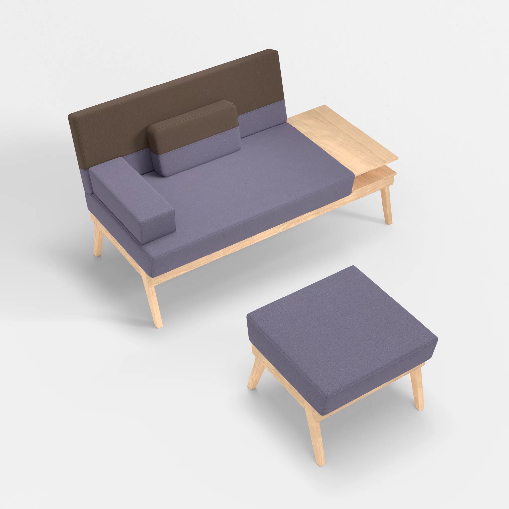 2er Sitzsofa Bauz mit Ablage rechts und Pouf dama0039-dama0051 in Flieder und Braun von oben