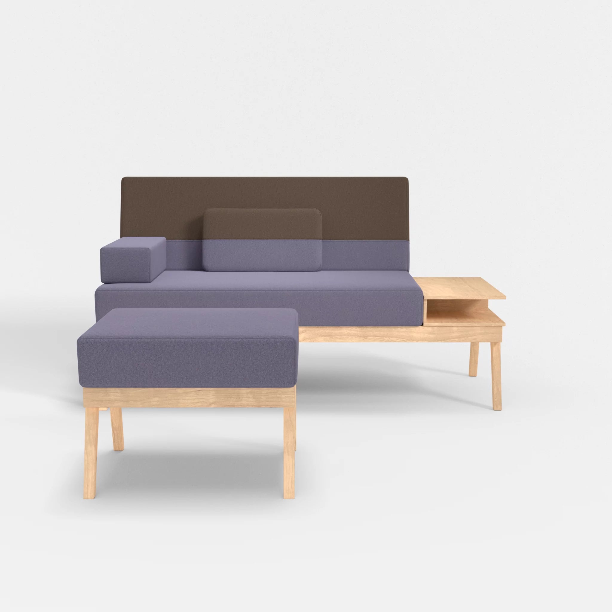 2er Sitzsofa Bauz mit Ablage rechts und Pouf dama0039-dama0051 in Flieder und Braun von vorne