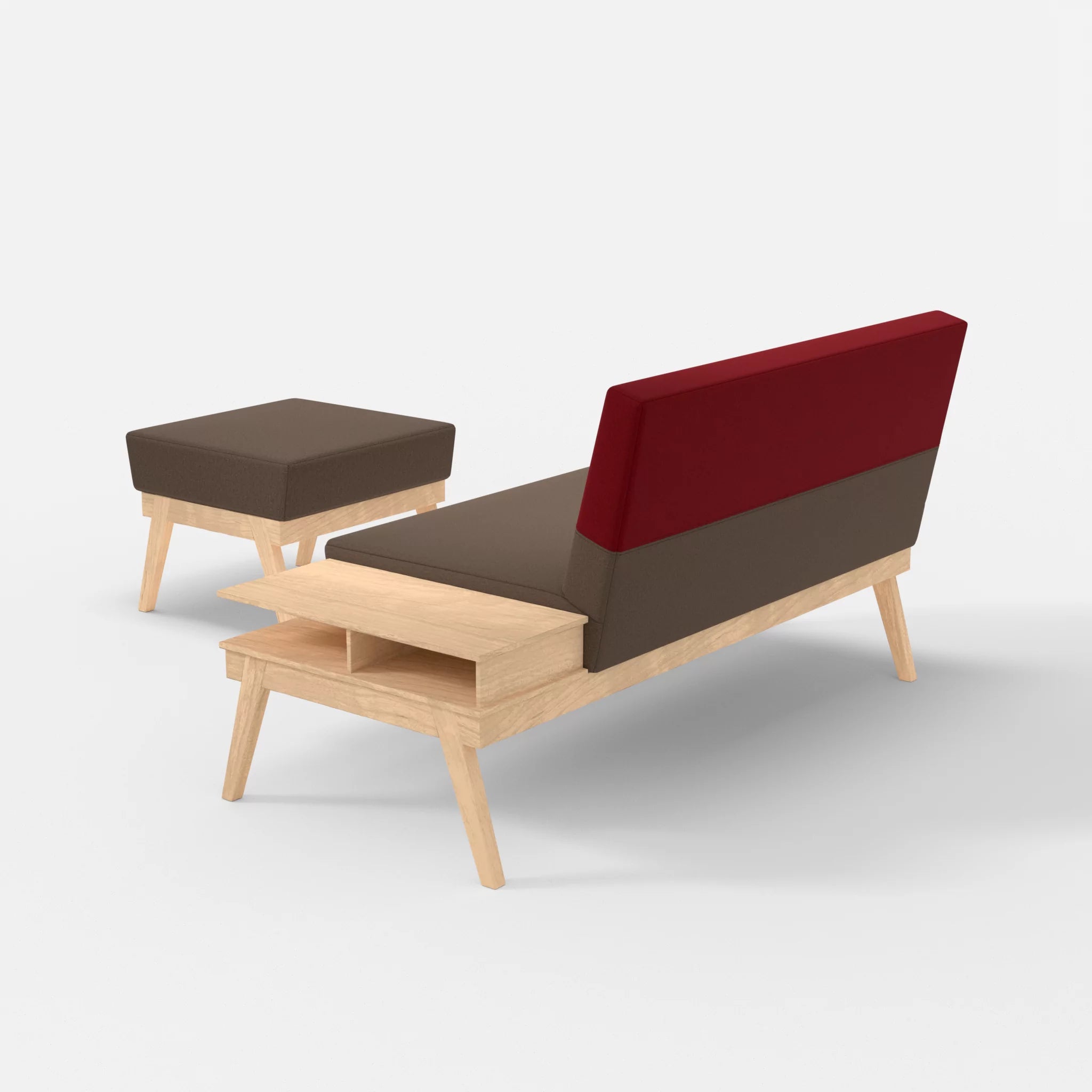 2er Sitzsofa Bauz mit Ablage rechts und Pouf dama0051-dama0053 in Braun und Rot von hinten