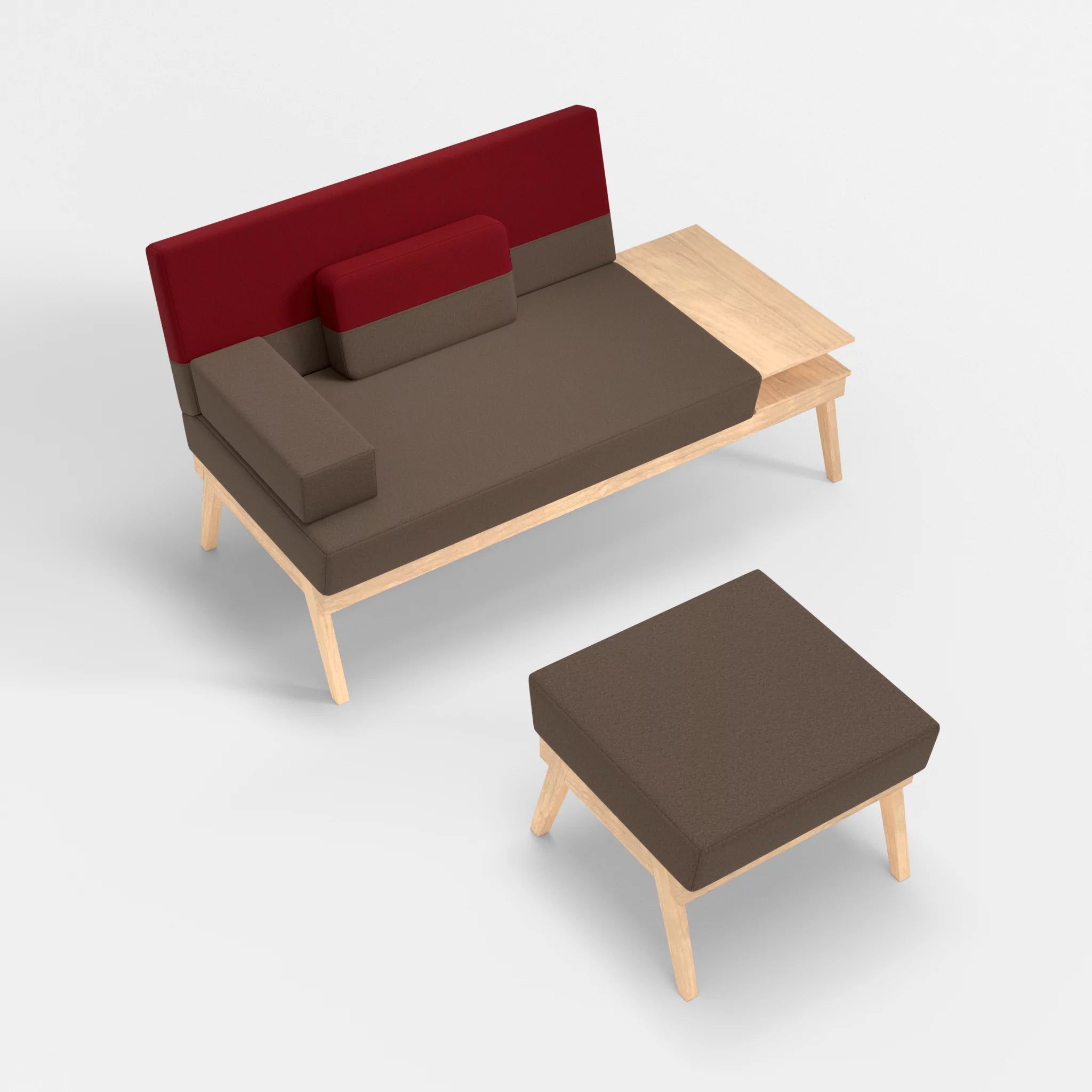 2er Sitzsofa Bauz mit Ablage rechts und Pouf dama0051-dama0053 in Braun und Rot von oben