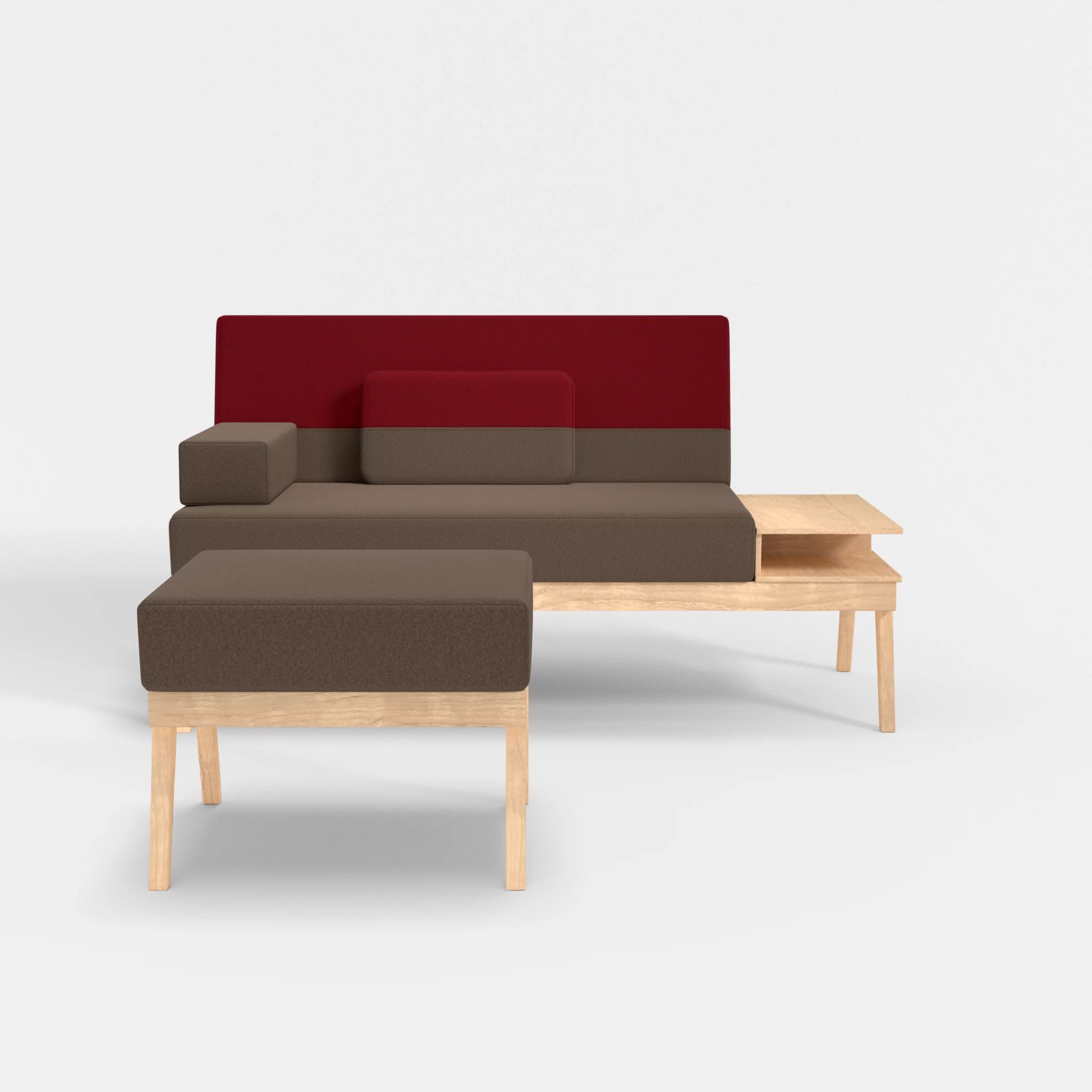 2er Sitzsofa Bauz mit Ablage rechts und Pouf dama0051-dama0053 in Braun und Rot von vorne