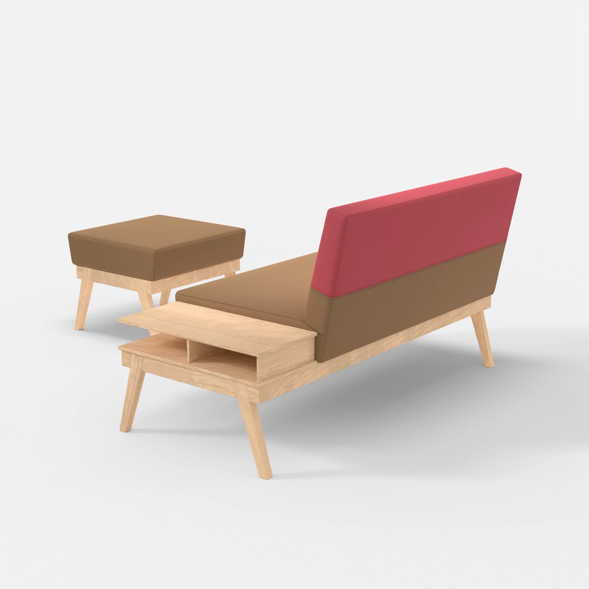 2er Sitzsofa Bauz mit Ablage rechts und Pouf dama0056-dama0083 in Beige und Pink von hinten
