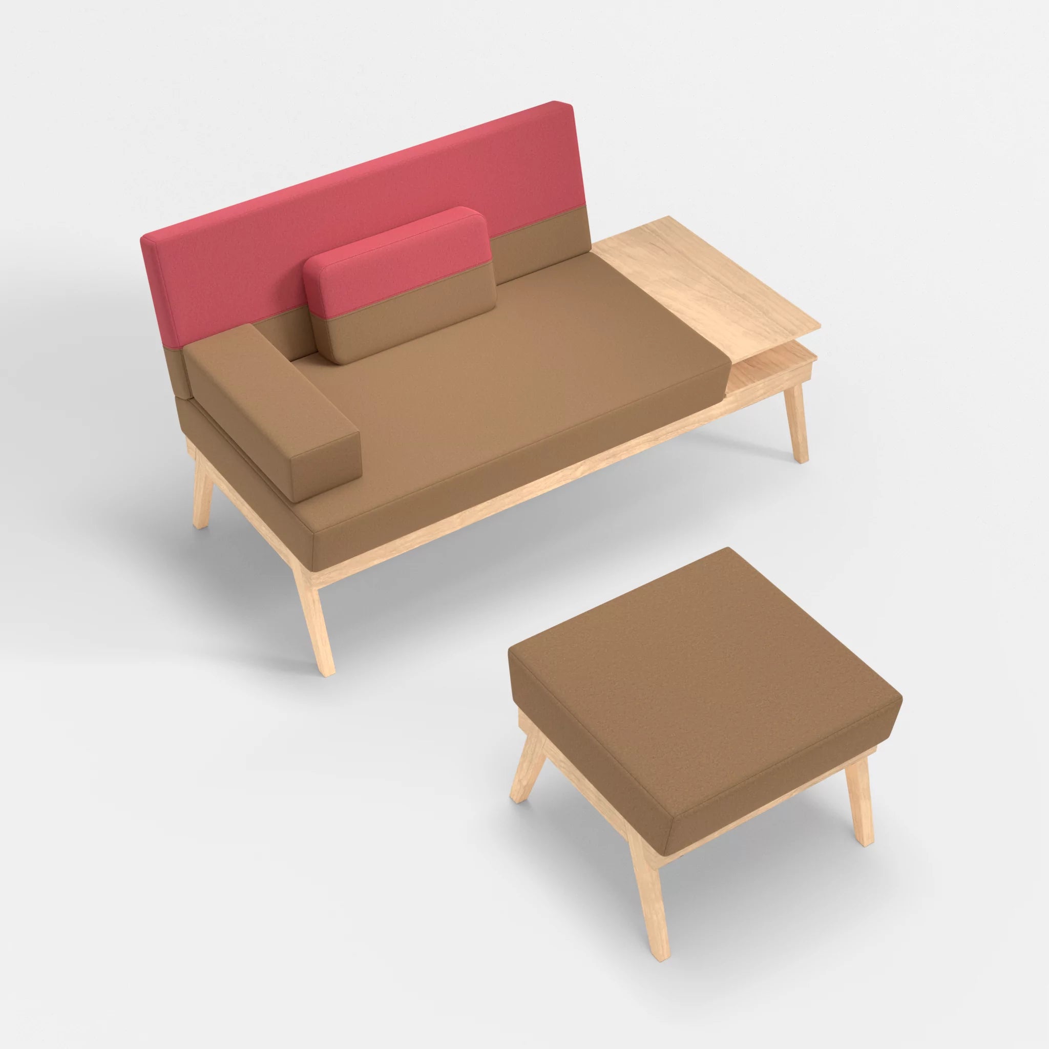 2er Sitzsofa Bauz mit Ablage rechts und Pouf dama0056-dama0083 in Beige und Pink von oben