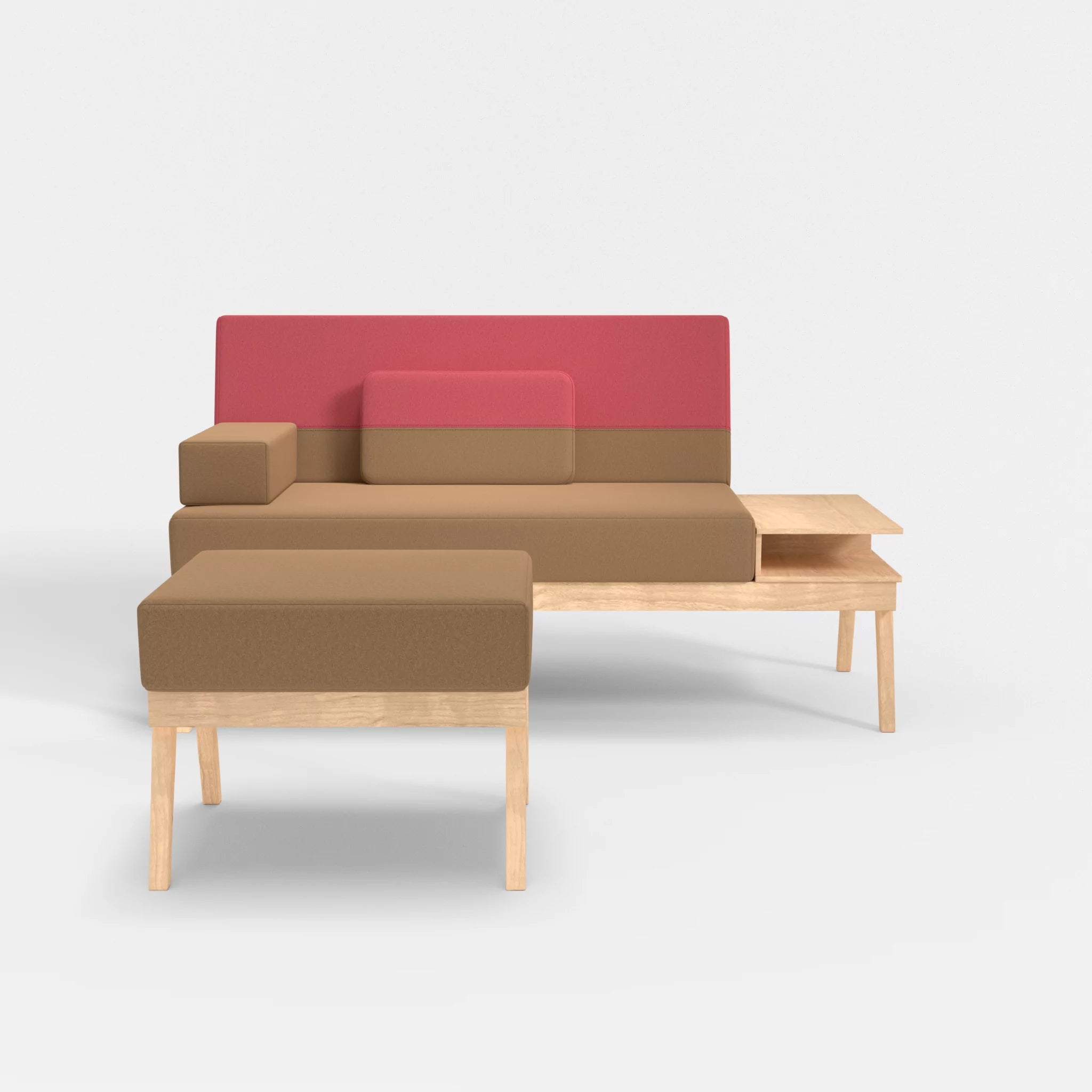 2er Sitzsofa Bauz mit Ablage rechts und Pouf dama0056-dama0083 in Beige und Pink von vorne
