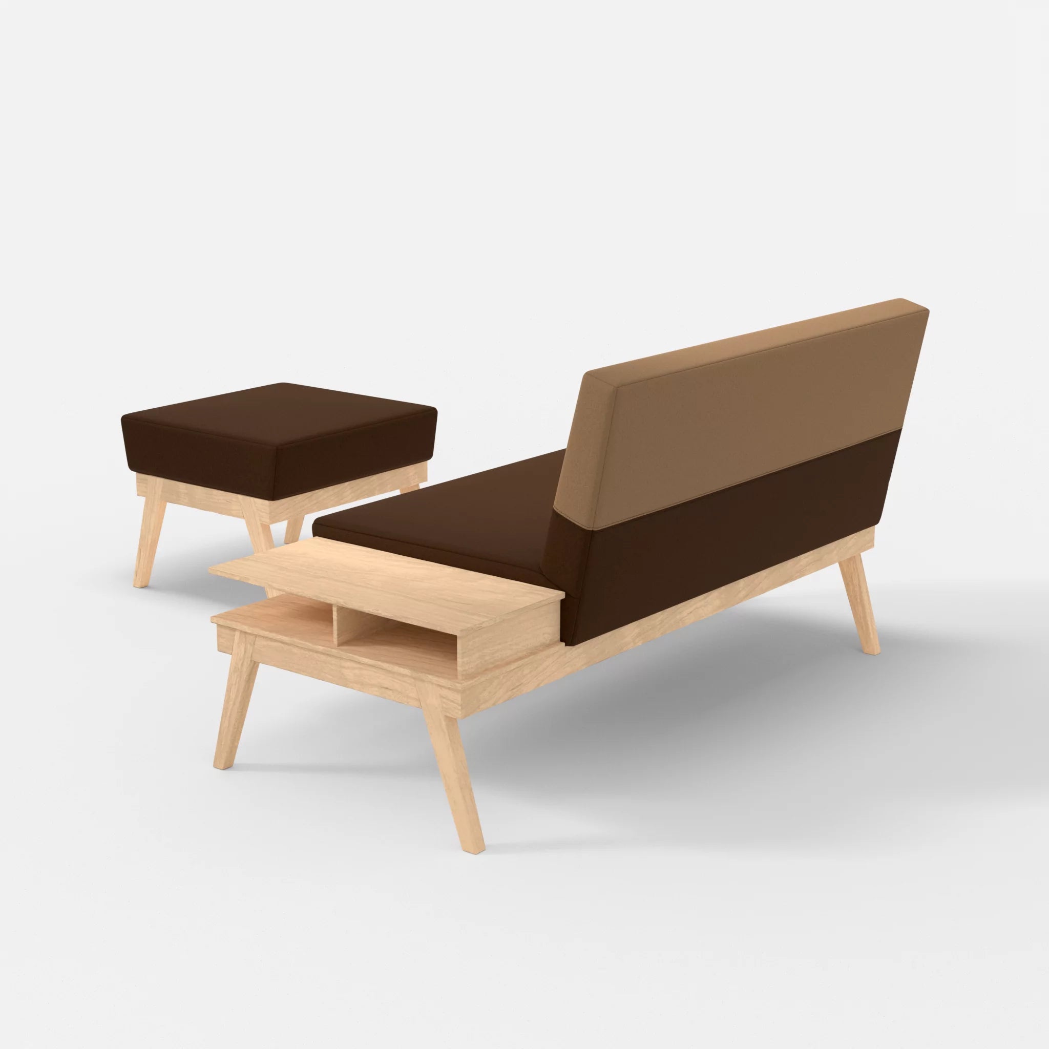 2er Sitzsofa Bauz mit Ablage rechts und Pouf dama0060-dama0056 in Braun und Beige von hinten