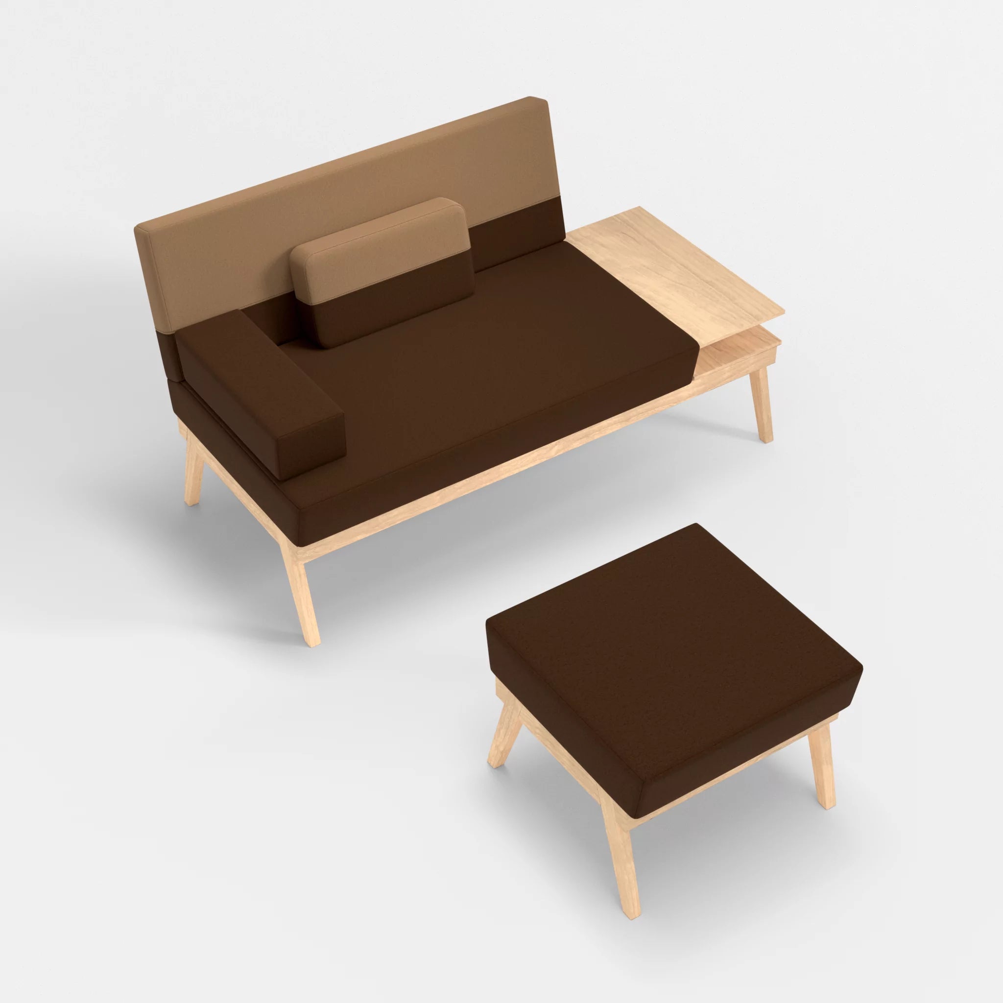 2er Sitzsofa Bauz mit Ablage rechts und Pouf dama0060-dama0056 in Braun und Beige von oben