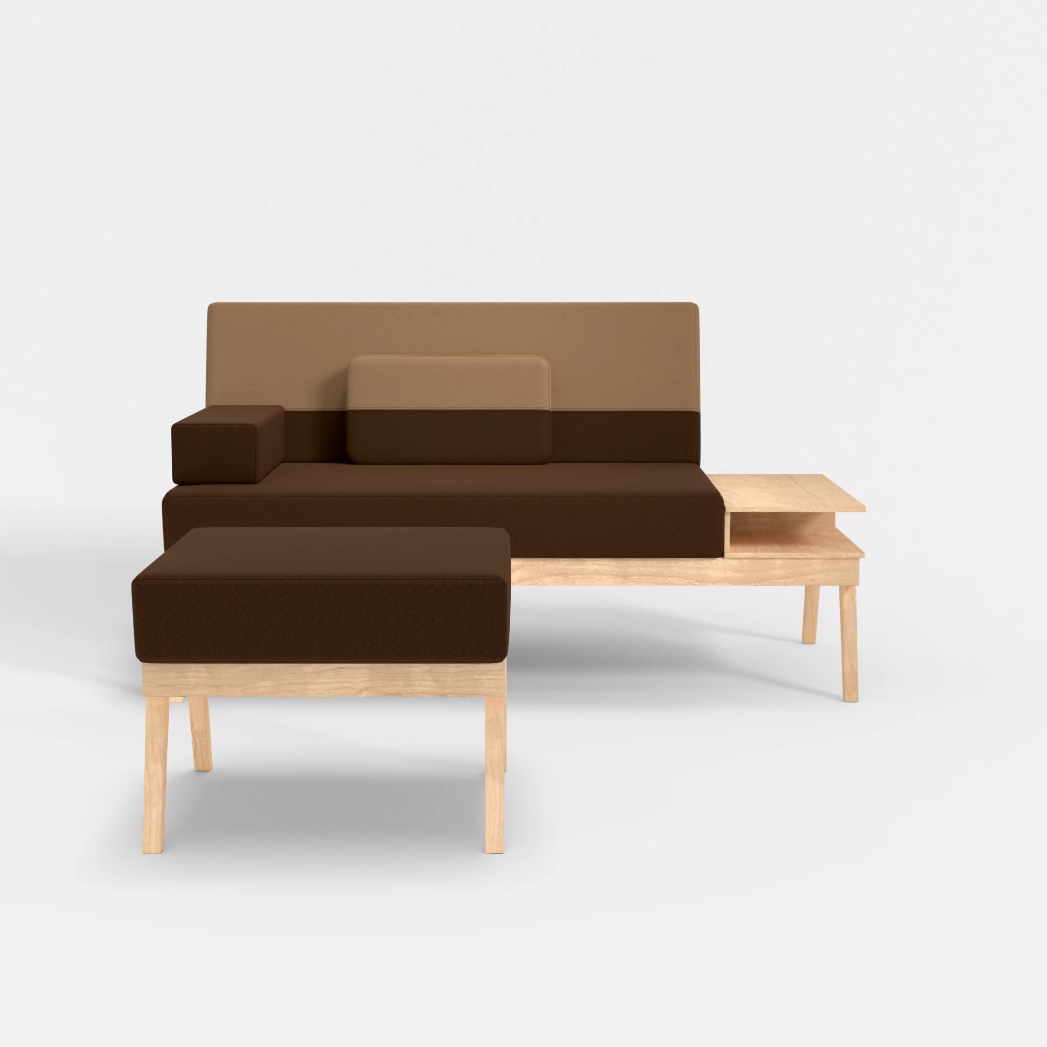 2er Sitzsofa Bauz mit Ablage rechts und Pouf dama0060-dama0056 in Braun und Beige von vorne