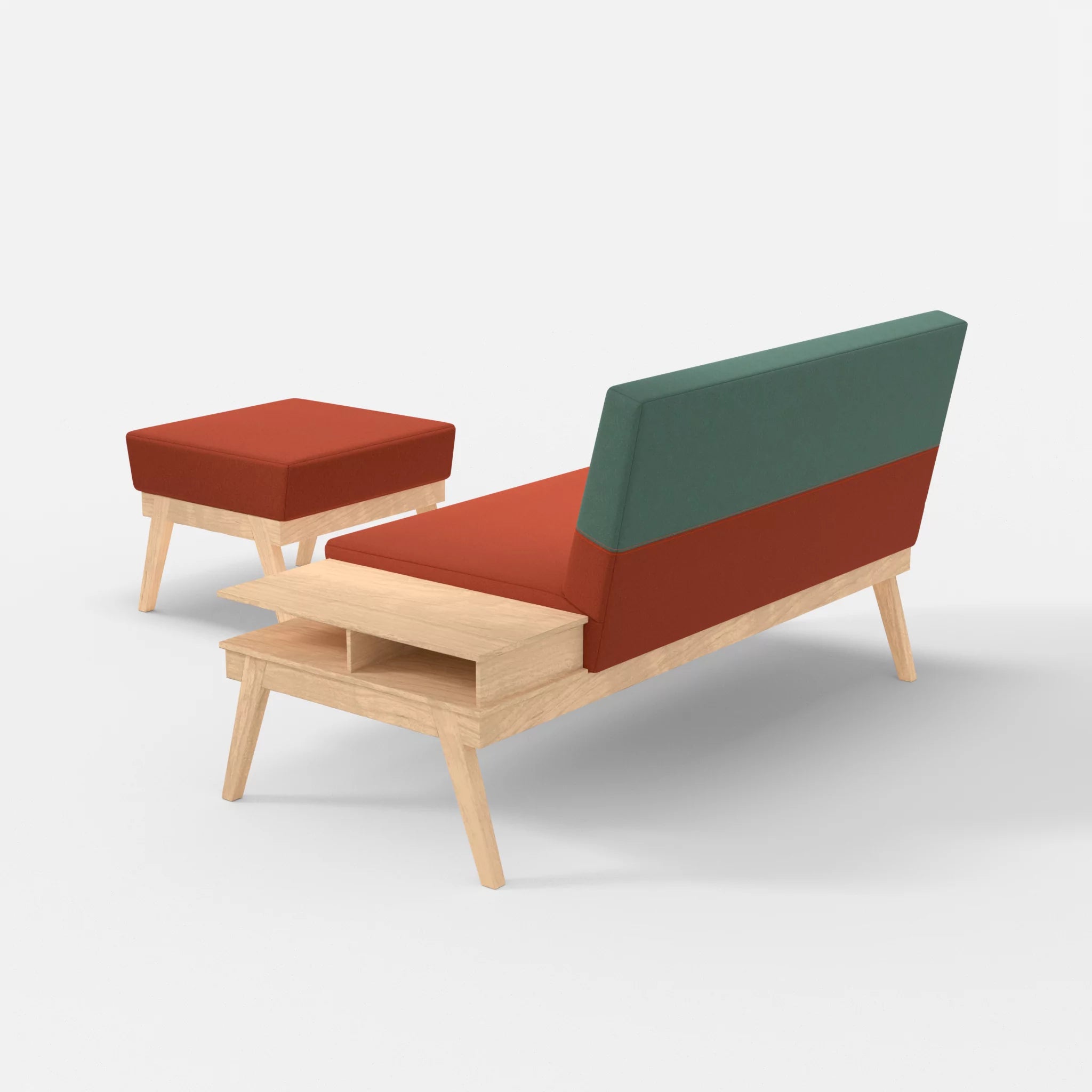 2er Sitzsofa Bauz mit Ablage rechts und Pouf dama0062-dama0045 in Orange und Türkis von hinten