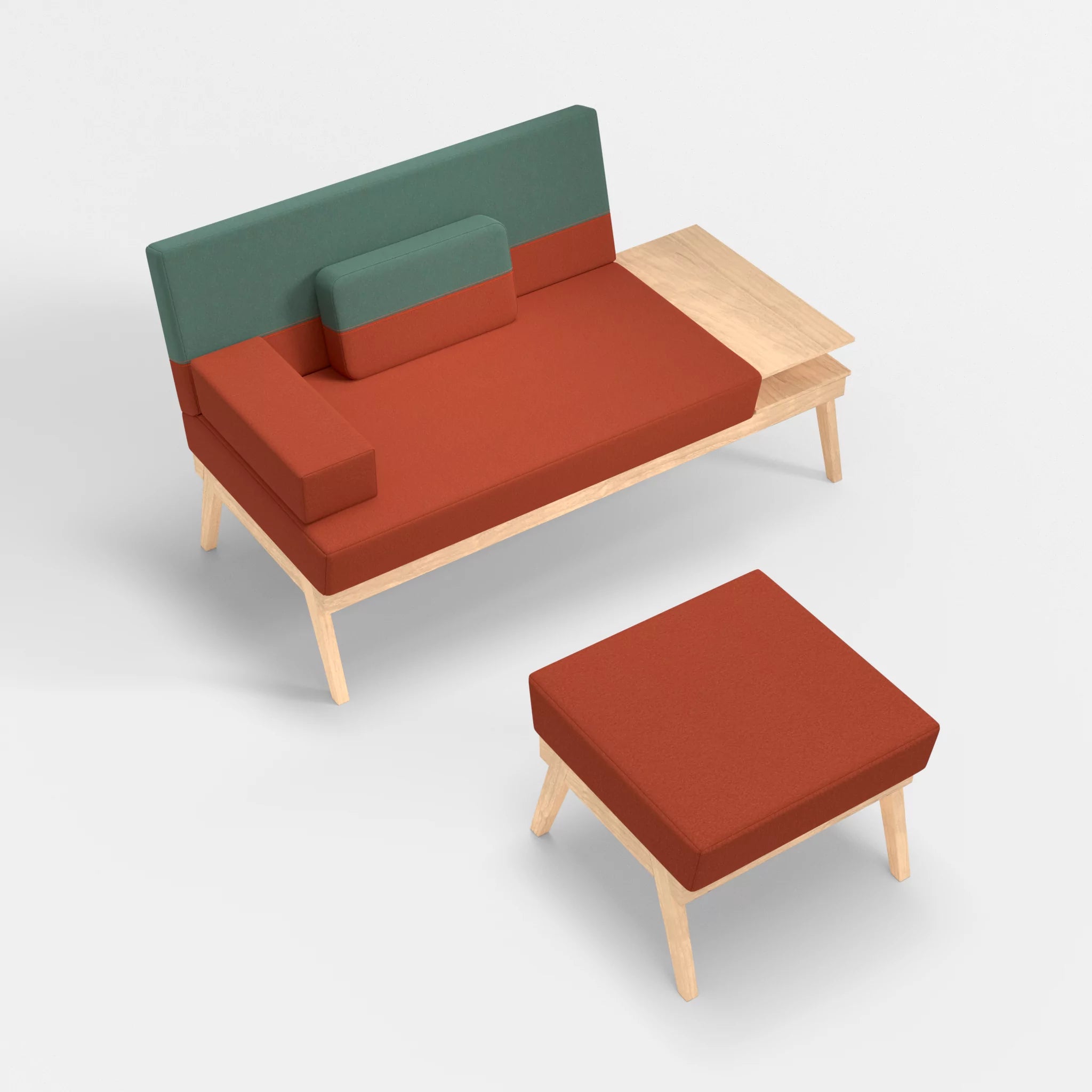 2er Sitzsofa Bauz mit Ablage rechts und Pouf dama0062-dama0045 in Orange und Türkis von oben