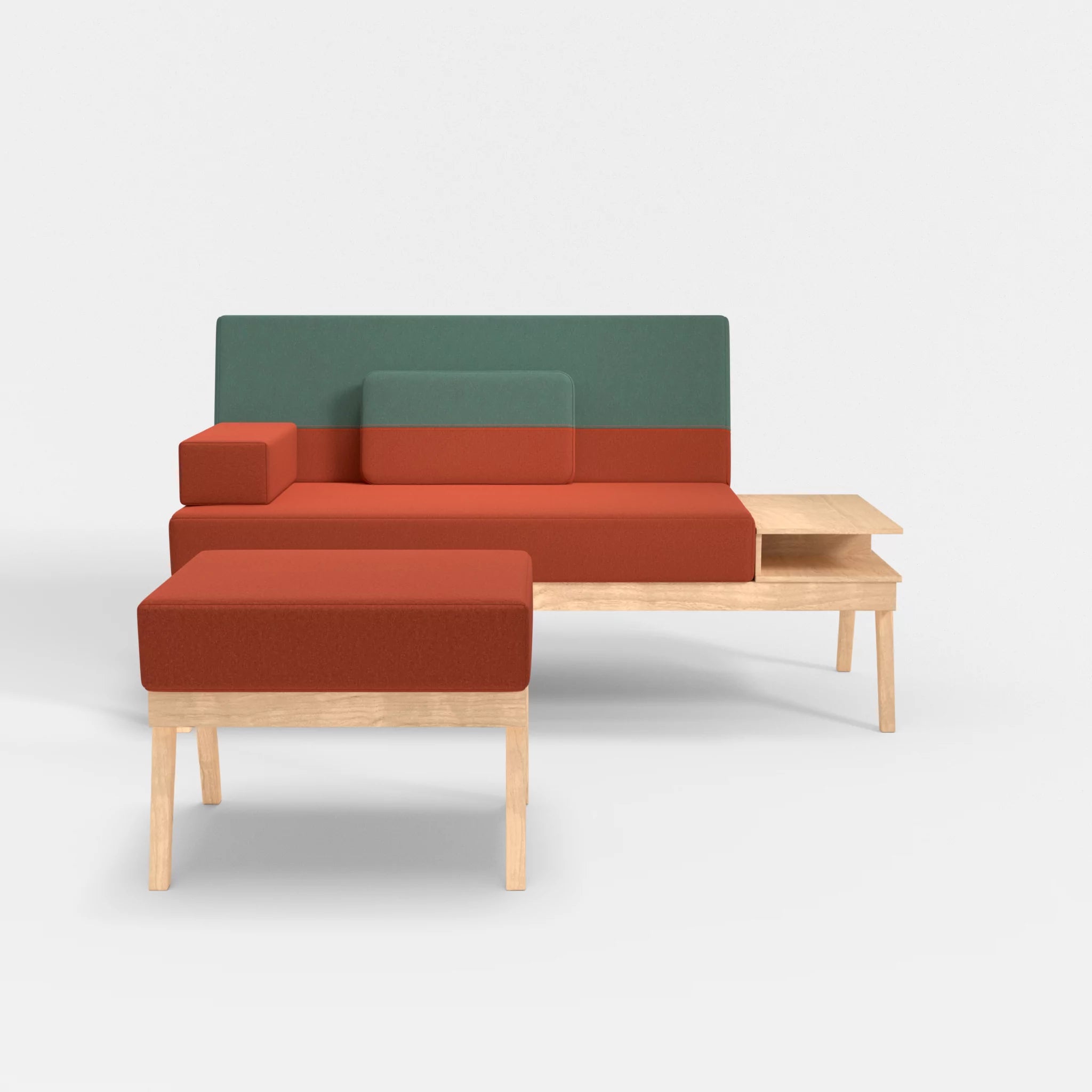 2er Sitzsofa Bauz mit Ablage rechts und Pouf dama0062-dama0045 in Orange und Türkis von vorne