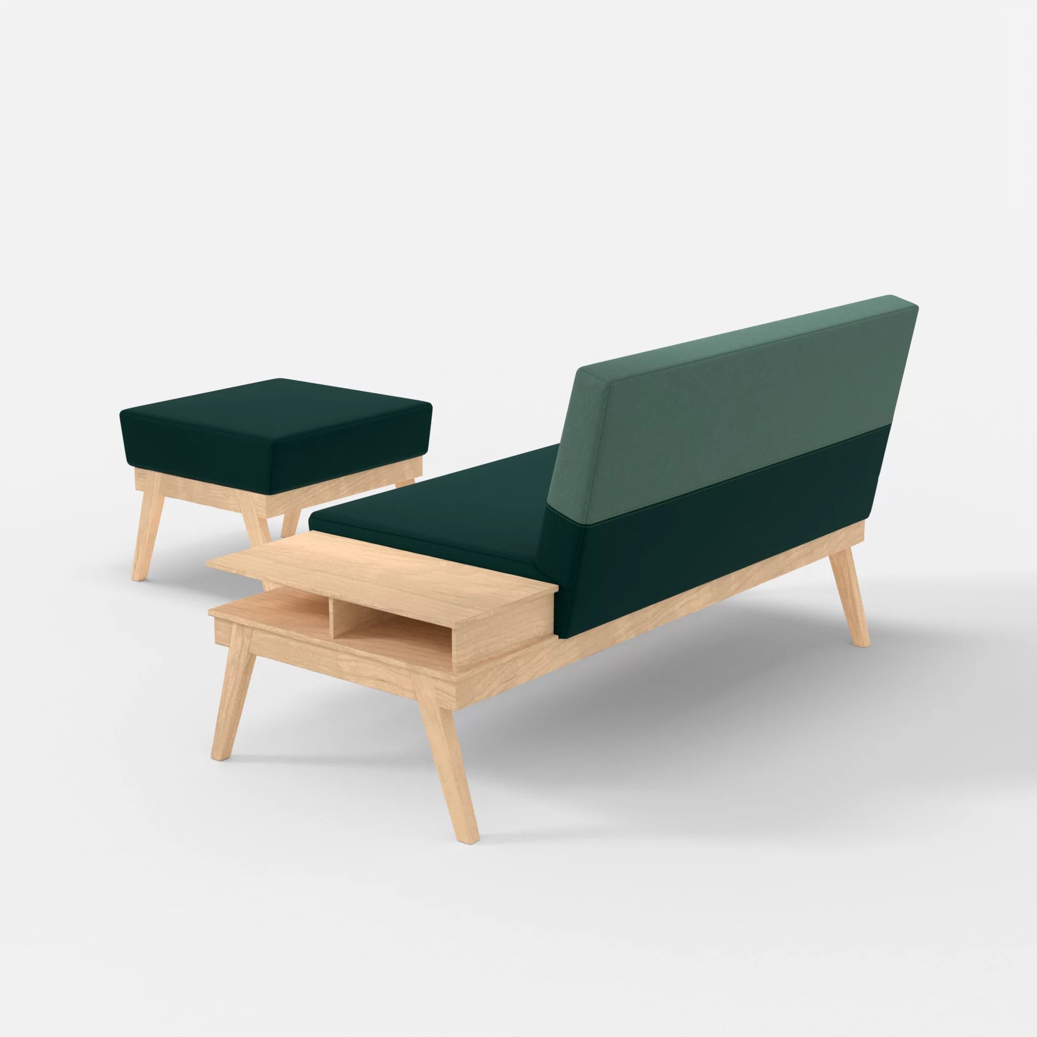 2er Sitzsofa Bauz mit Ablage rechts und Pouf dama0073-dama0045 in Petrol und Türkis von hinten