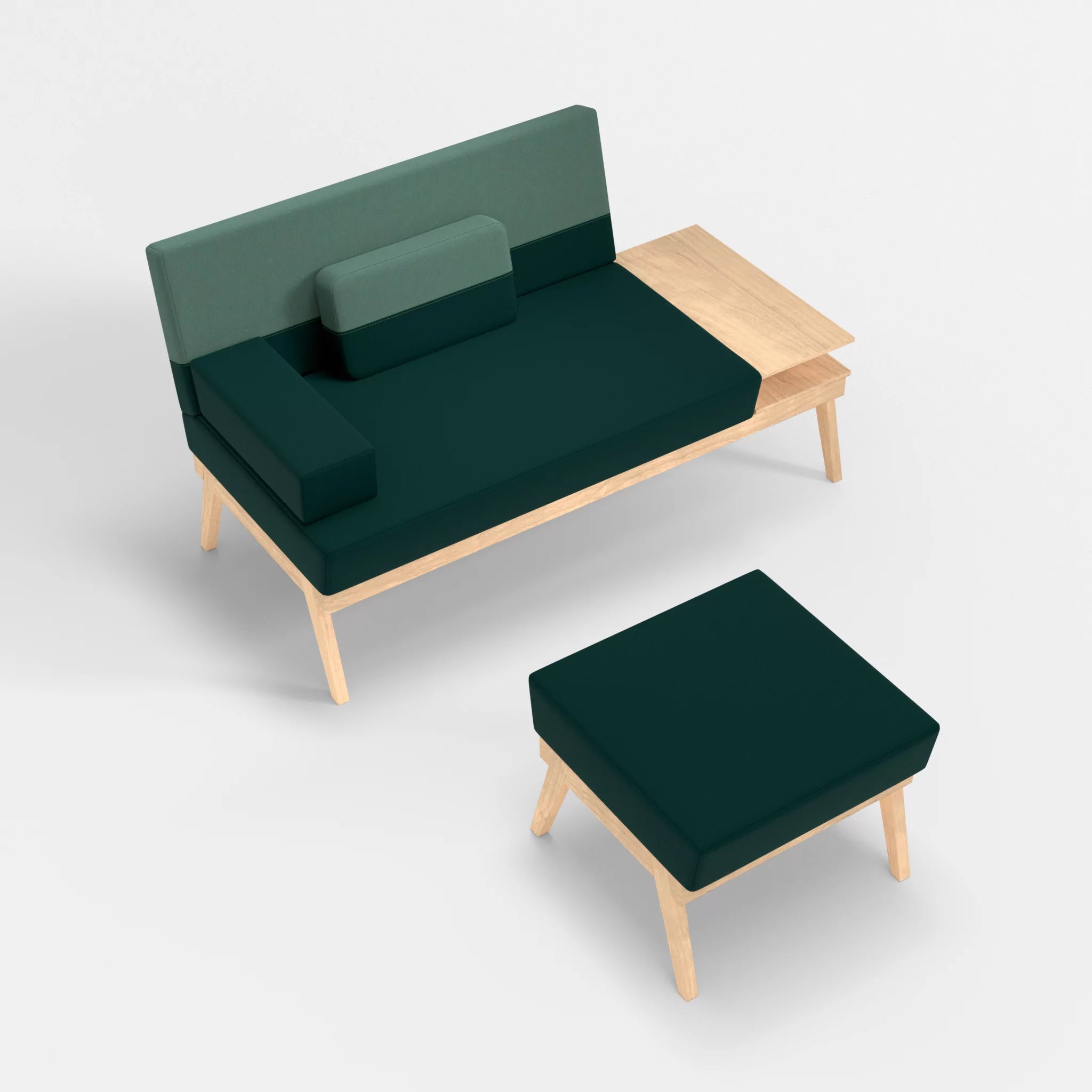 2er Sitzsofa Bauz mit Ablage rechts und Pouf dama0073-dama0045 in Petrol und Türkis von oben