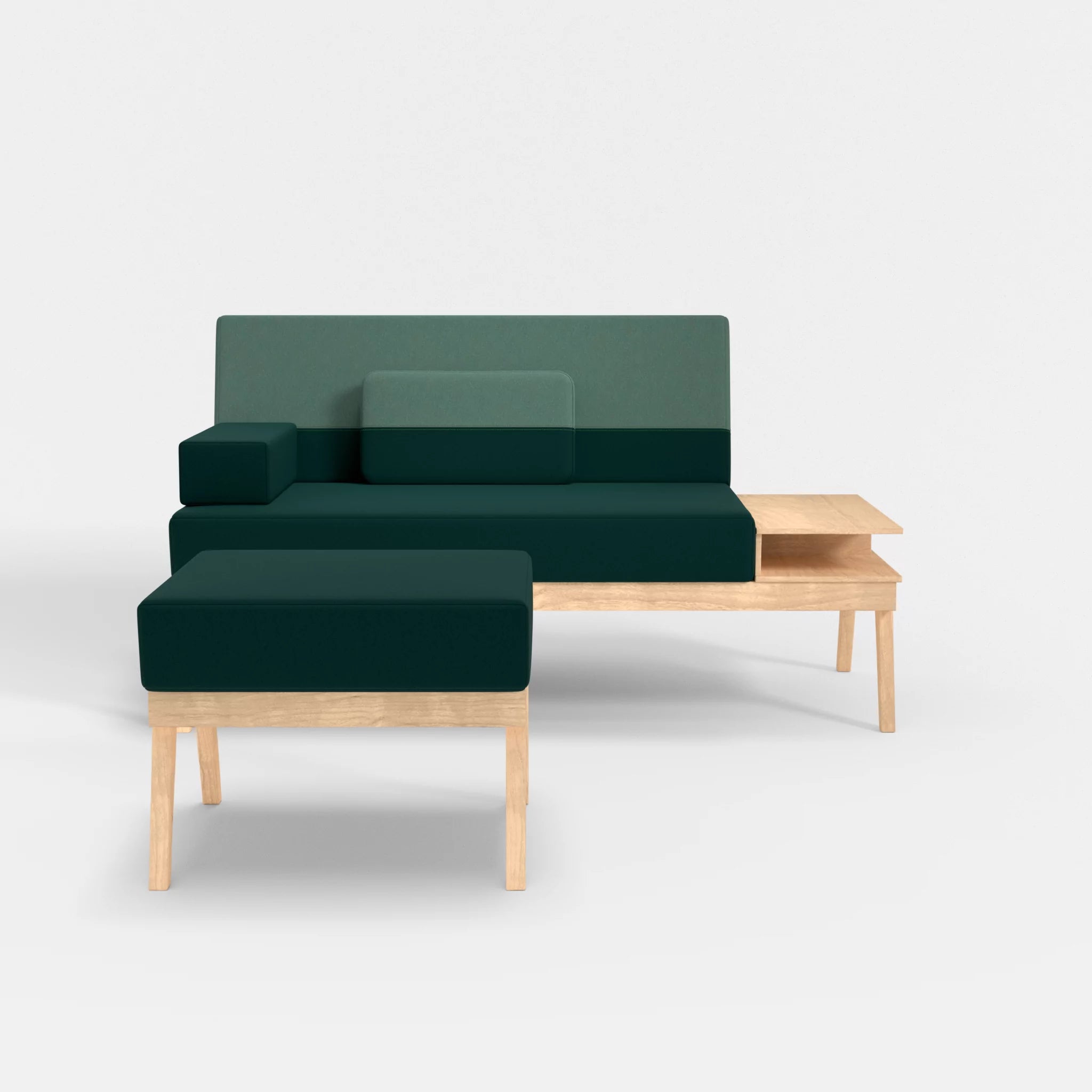 2er Sitzsofa Bauz mit Ablage rechts und Pouf dama0073-dama0045 in Petrol und Türkis von vorne