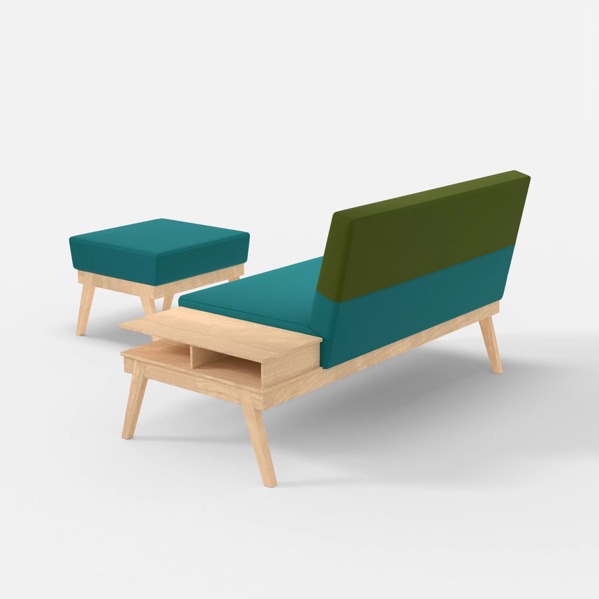 2er Sitzsofa Bauz mit Ablage rechts und Pouf dama0076-dama0059 in Türkis und Grün von hinten