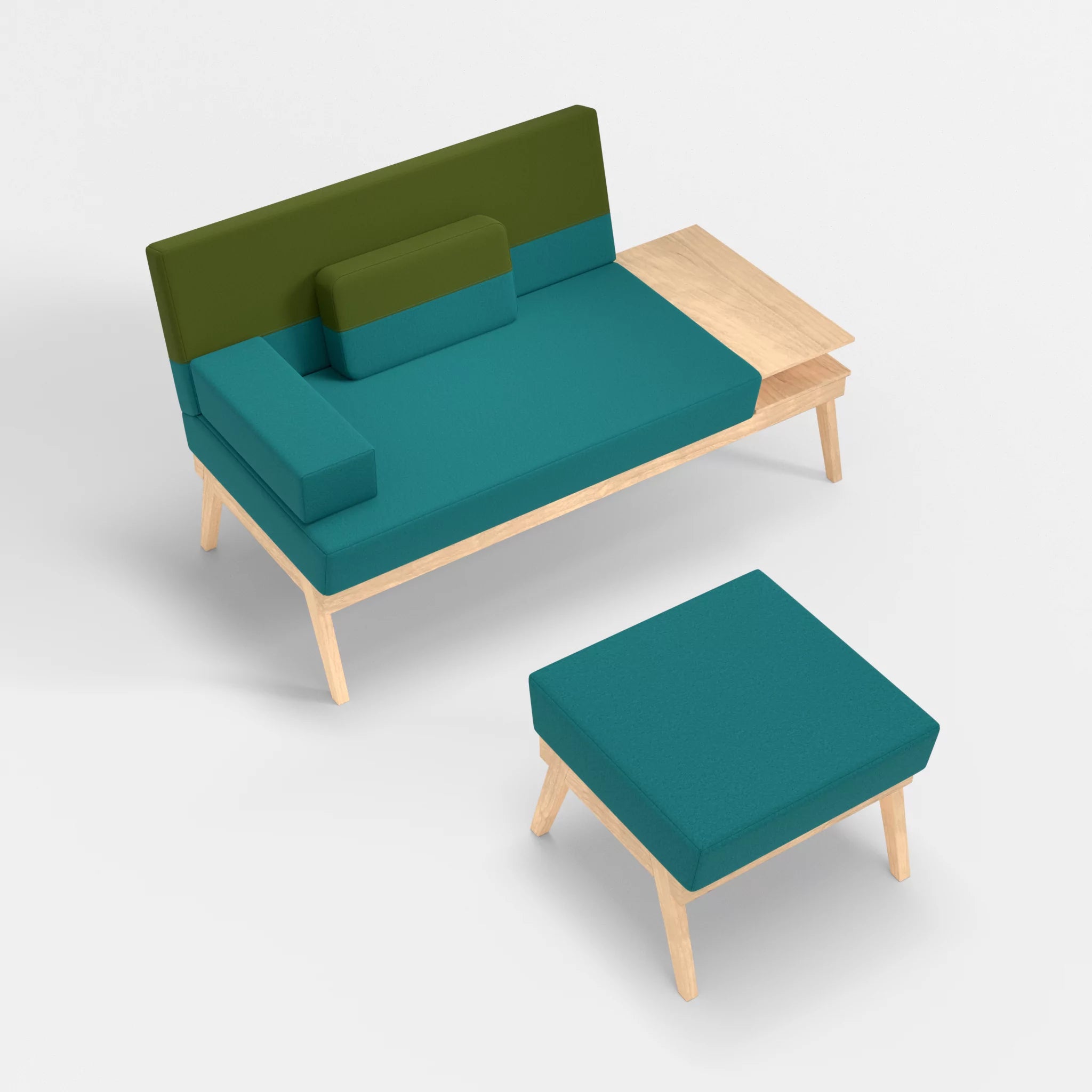 2er Sitzsofa Bauz mit Ablage rechts und Pouf dama0076-dama0059 in Türkis und Grün von oben
