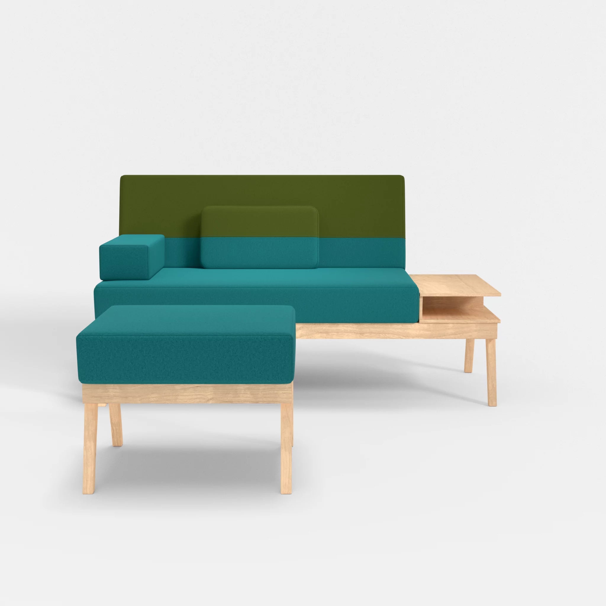 2er Sitzsofa Bauz mit Ablage rechts und Pouf dama0076-dama0059 in Türkis und Grün von vorne