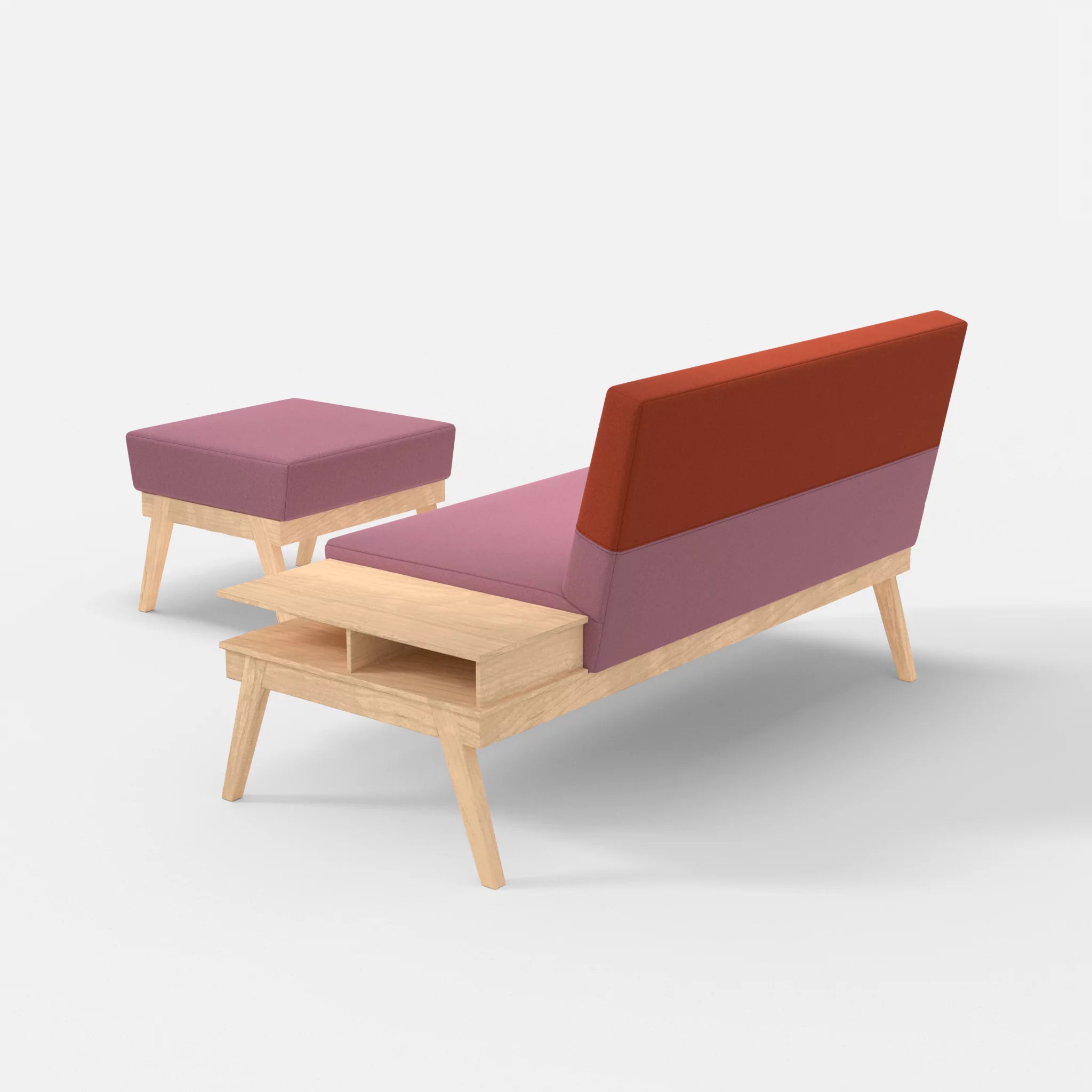2er Sitzsofa Bauz mit Ablage rechts und Pouf dama0084-dama0062 in Rosa und Orange von hinten