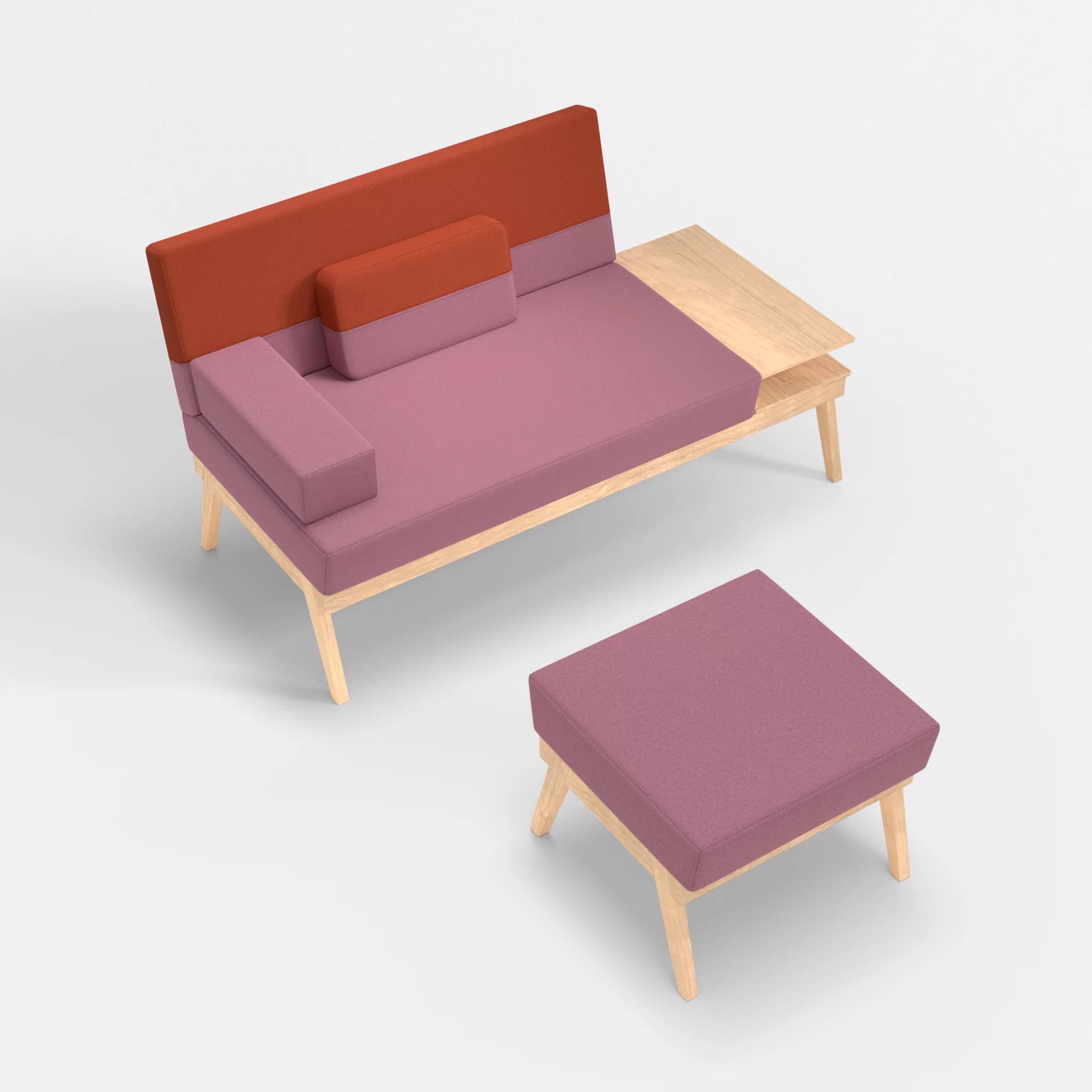 2er Sitzsofa Bauz mit Ablage rechts und Pouf dama0084-dama0062 in Rosa und Orange von oben