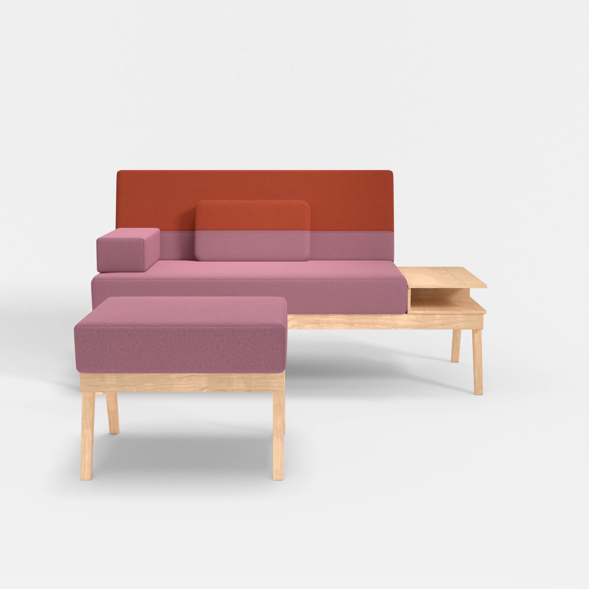 2er Sitzsofa Bauz mit Ablage rechts und Pouf dama0084-dama0062 in Rosa und Orange von vorne