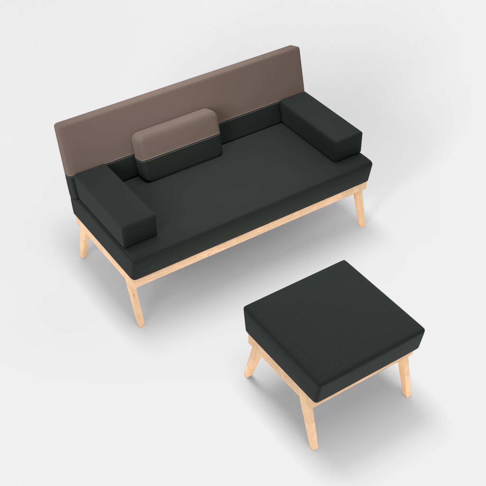 2er Sitzsofa Bauz mit Pouf credoblack-credowalnut in Schwarz und Dunkelgrau von oben