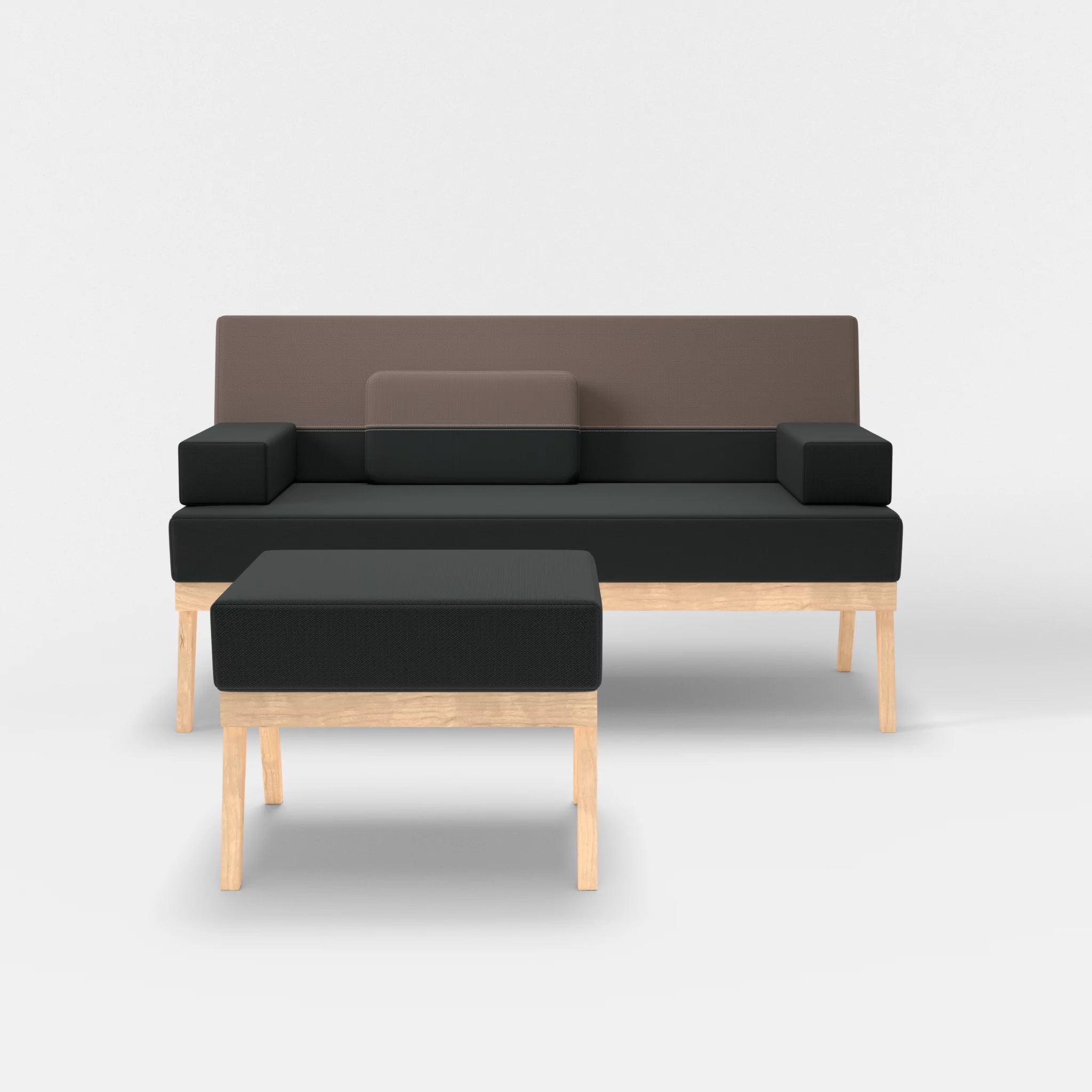 2er Sitzsofa Bauz mit Pouf credoblack-credowalnut in Schwarz und Dunkelgrau von vorne